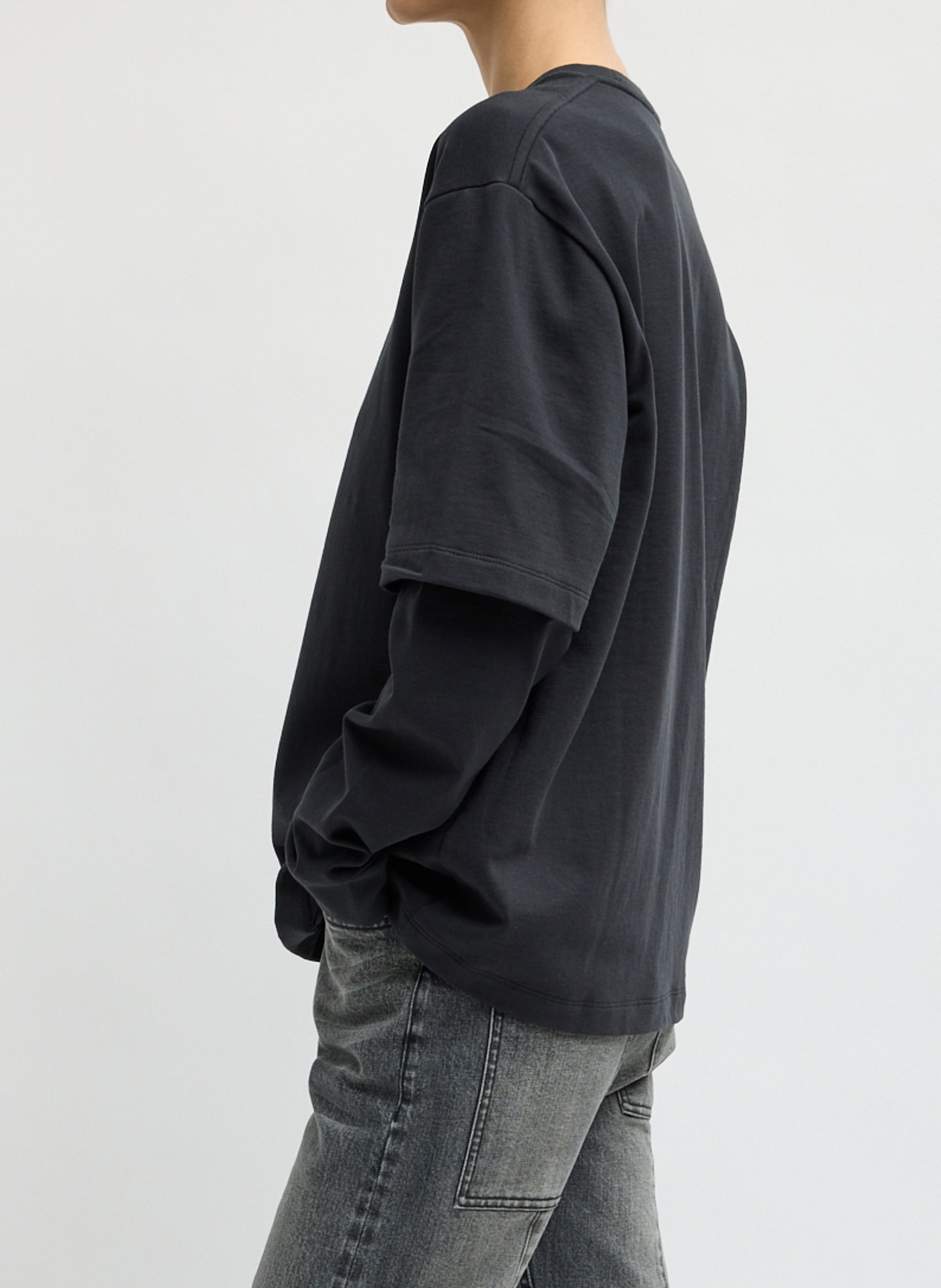 Black Perfect Unisex Double Layer Long Sleeve T-Shirt - side view on model