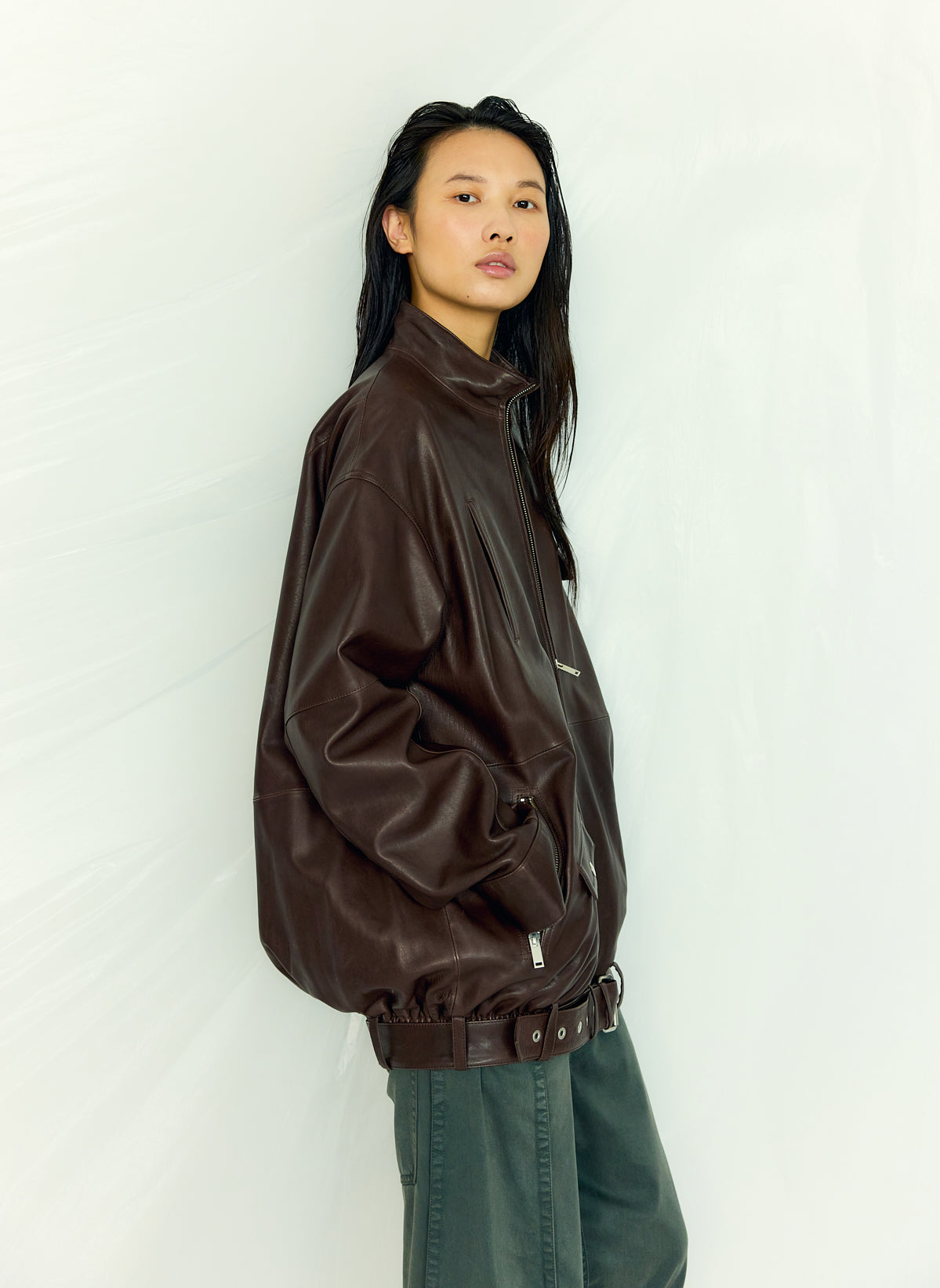 Brown Leather Moto Bomber - editorial campaign on model