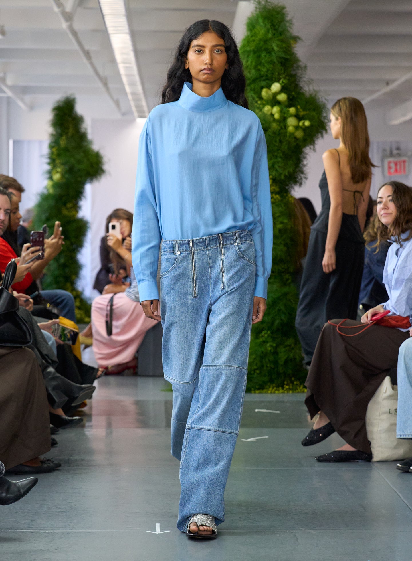 Blue Ultra Light Silk Tencel Funnel Neck Shirt and Classic Wash Fischer Jean - on runway