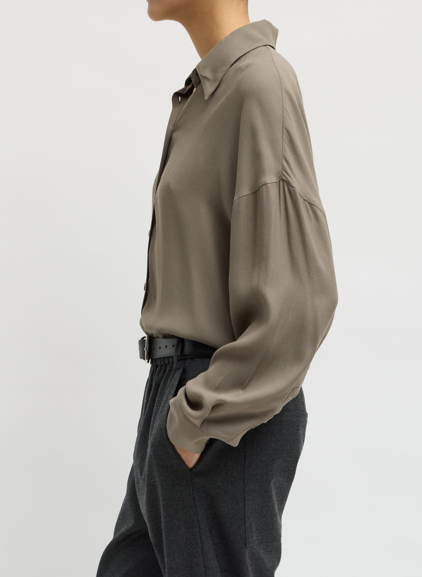 Dark Hazelnut Green Feather Weight Eco Crepe Oversized Shirt - long sleeve button down top, side view on model