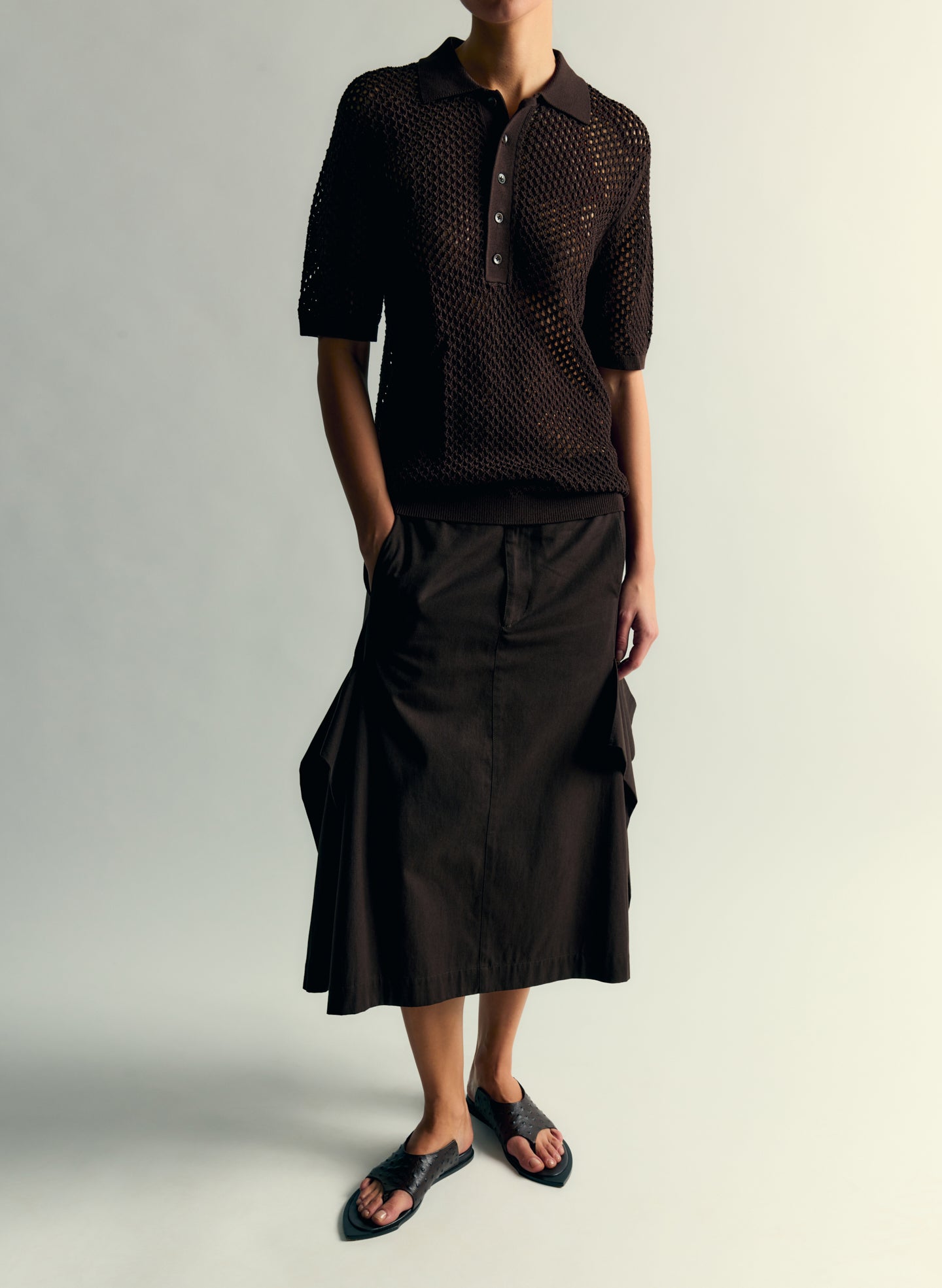 Hickory Brown Crochet Netting Slim Polo - editorial campaign on model