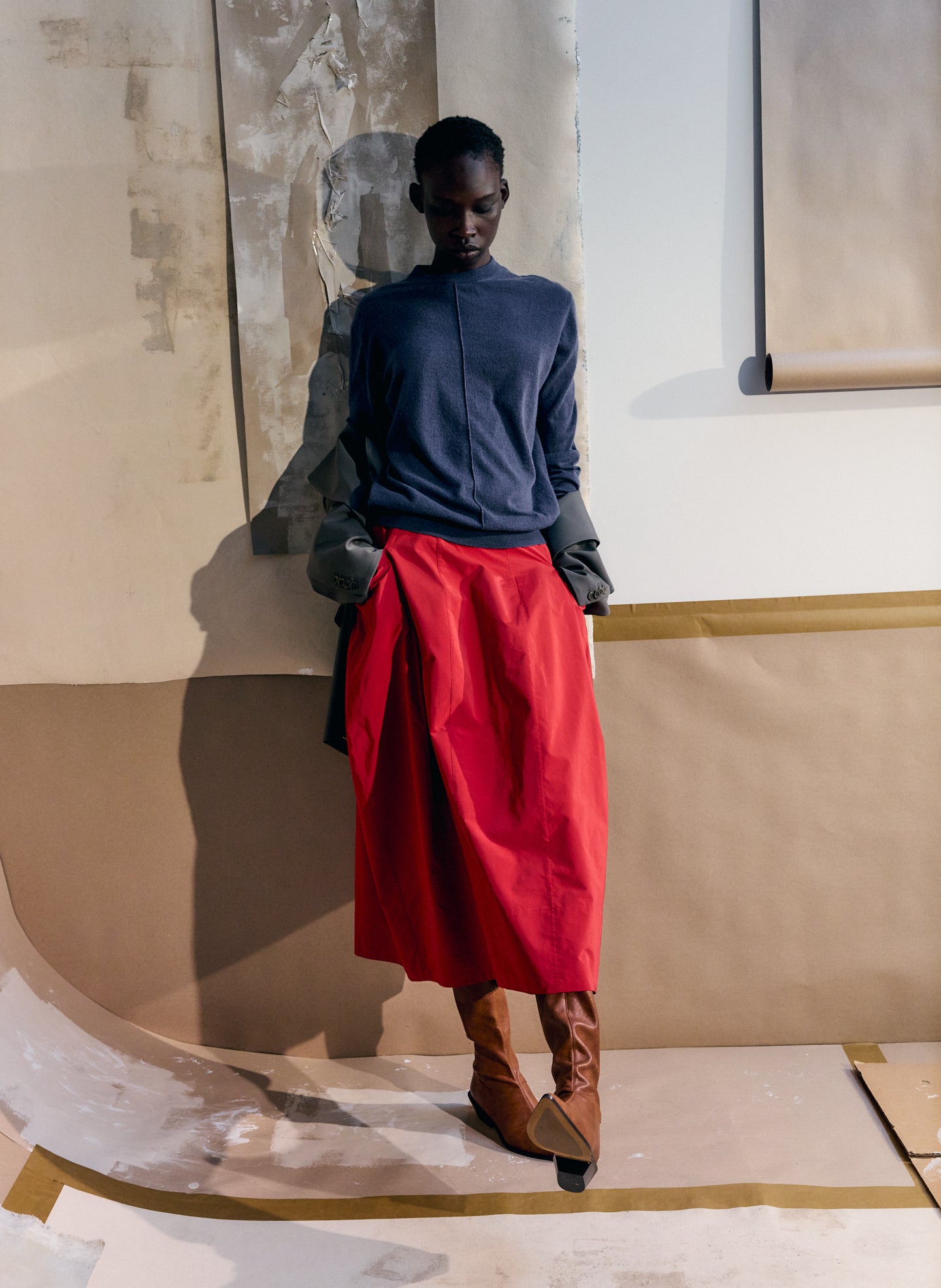 Blue Fog Skinlike Mercerized Wool Crewneck Pullover - editorial image on model
