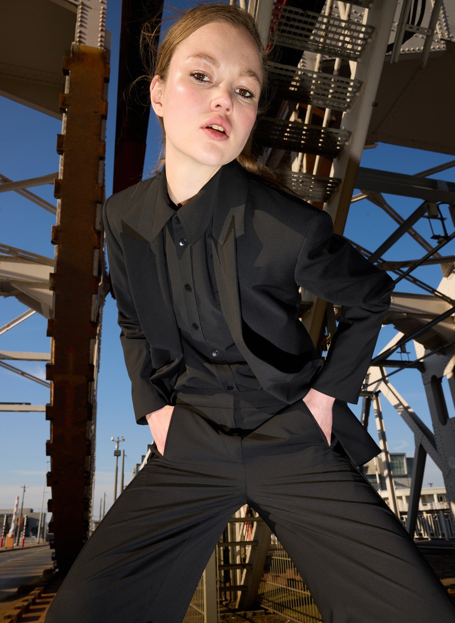 Black Recycled Tropical Wool Detached Shirt and Blazer - editorial campaign, on model