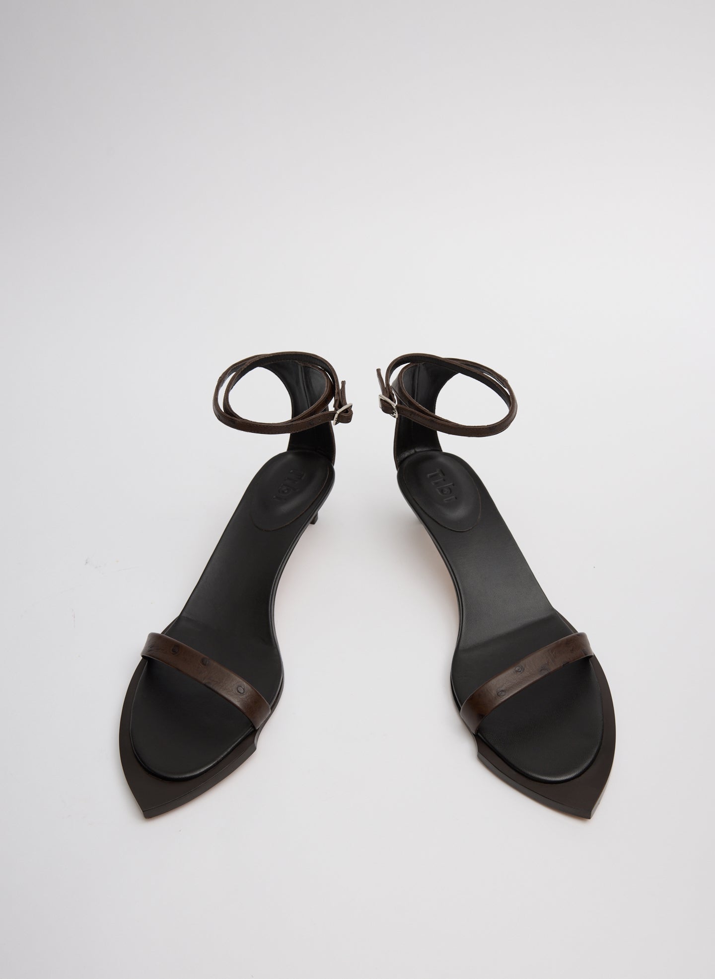 Brown Ostrich Print Leather Ulrich Heeled Sandal - front view