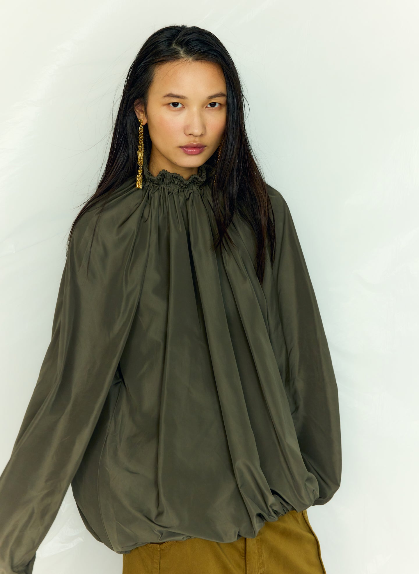 Dark Hazelnut Green Italian Sporty Nylon Shirred Anorak Top - editorial campaign on model