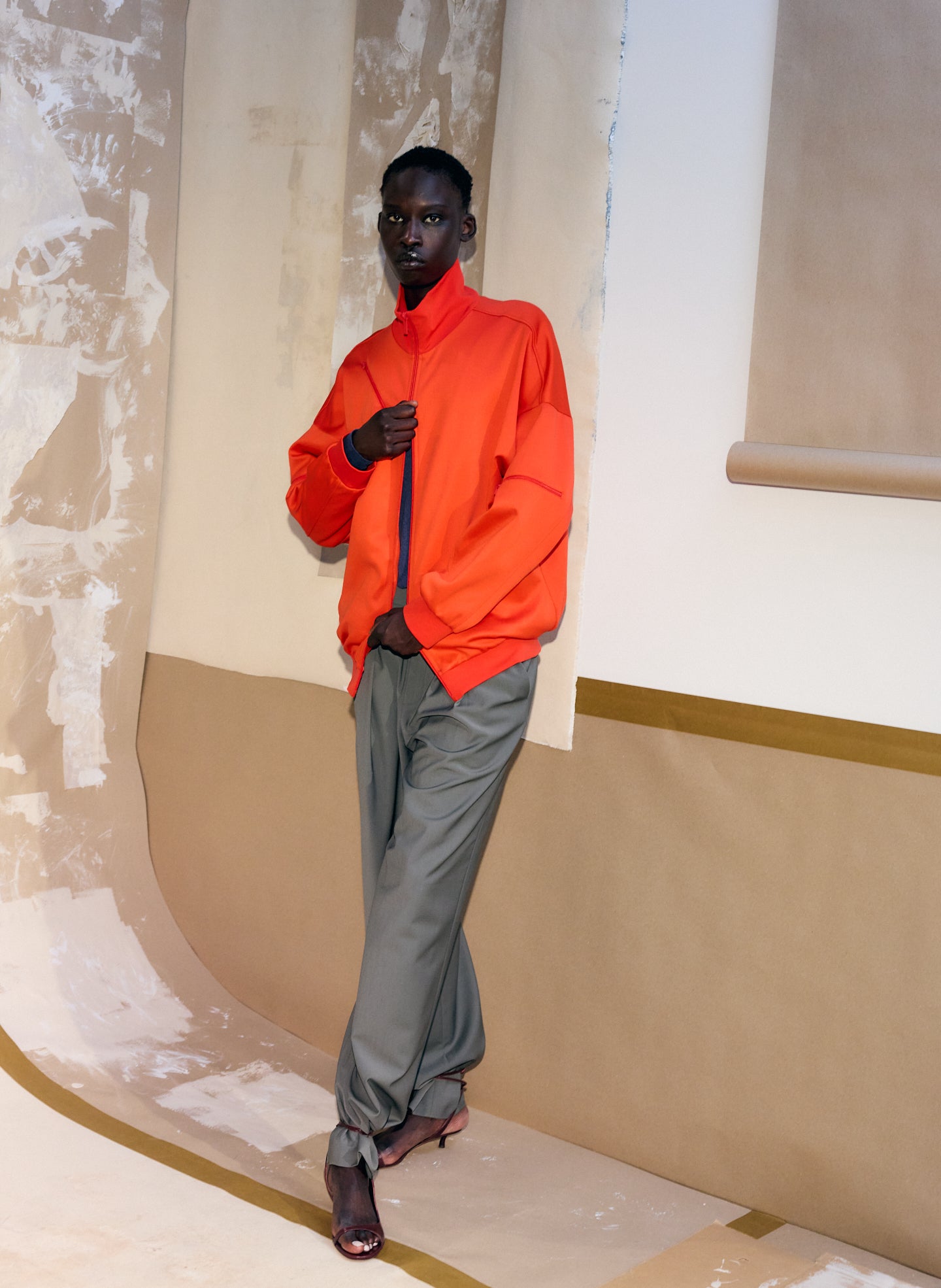 Dark Stone Grey Tropical Wool Stella Pant - editorial image on model