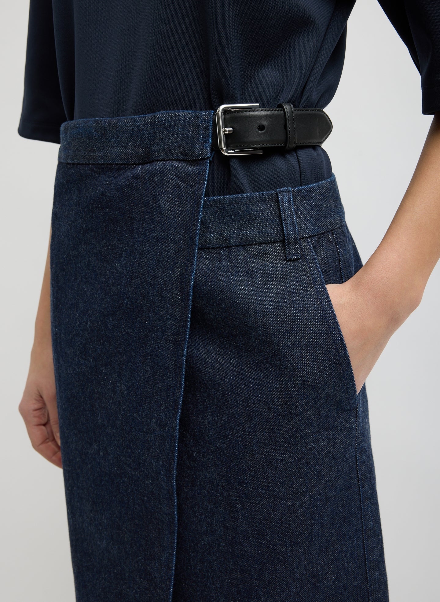 Indigo Denim Double Apron Skirt - closeup of belt detail