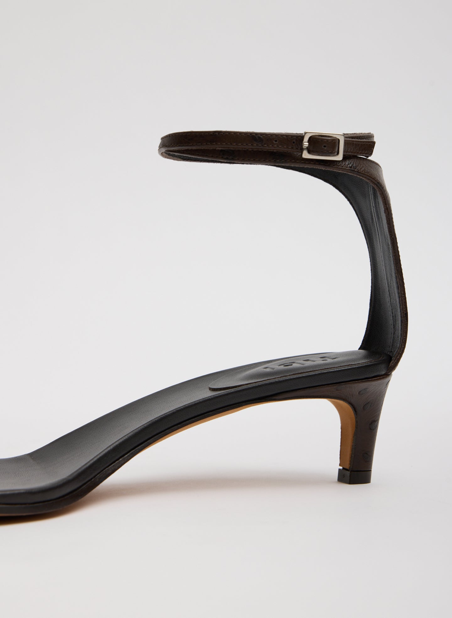 Brown Ostrich Print Leather Ulrich Heeled Sandal - closeup