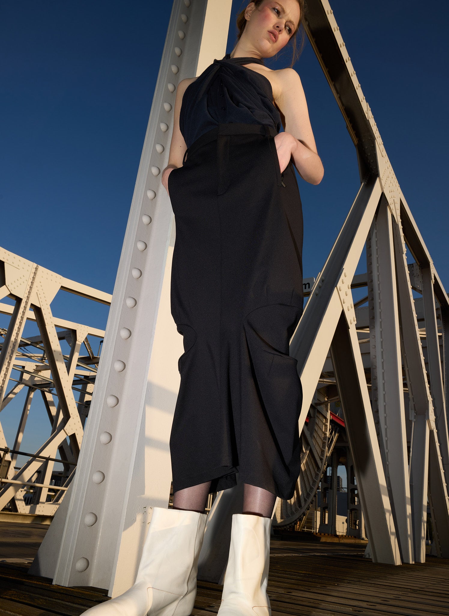 Black Compact Ultra Stretch Knit Sculpted Meir Trouser Skirt - editorial campaign, on model