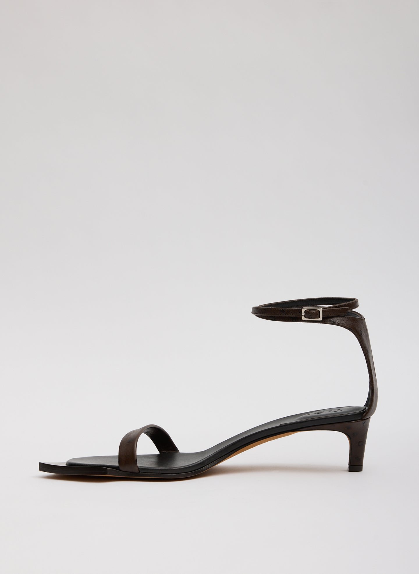 Ostrich Print Ulrich Heel - Brown Ostrich Print Leather Ulrich Heeled Sandal - side view