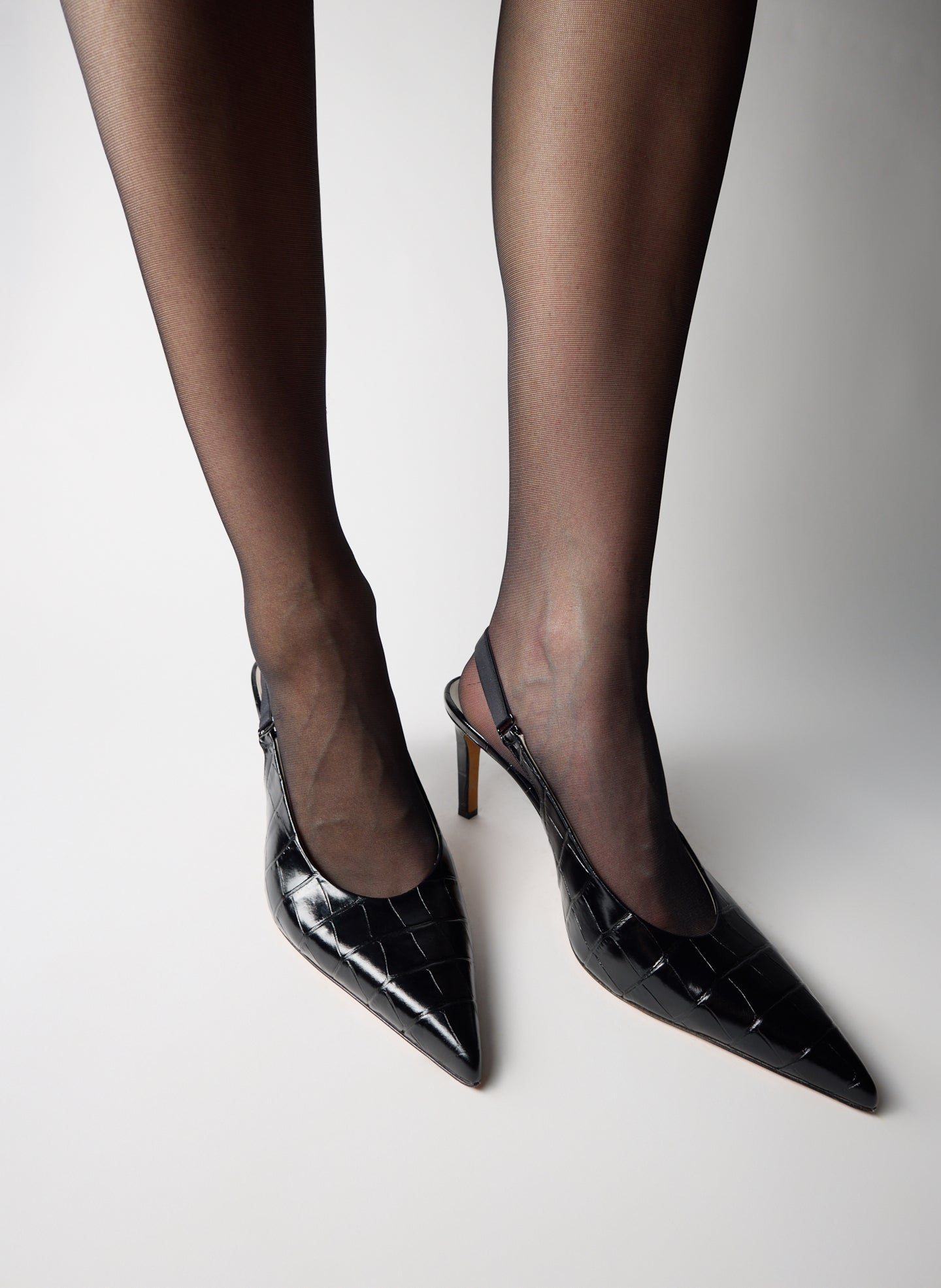 Black Crocodile Embossed Leather Beasley Pump - on model