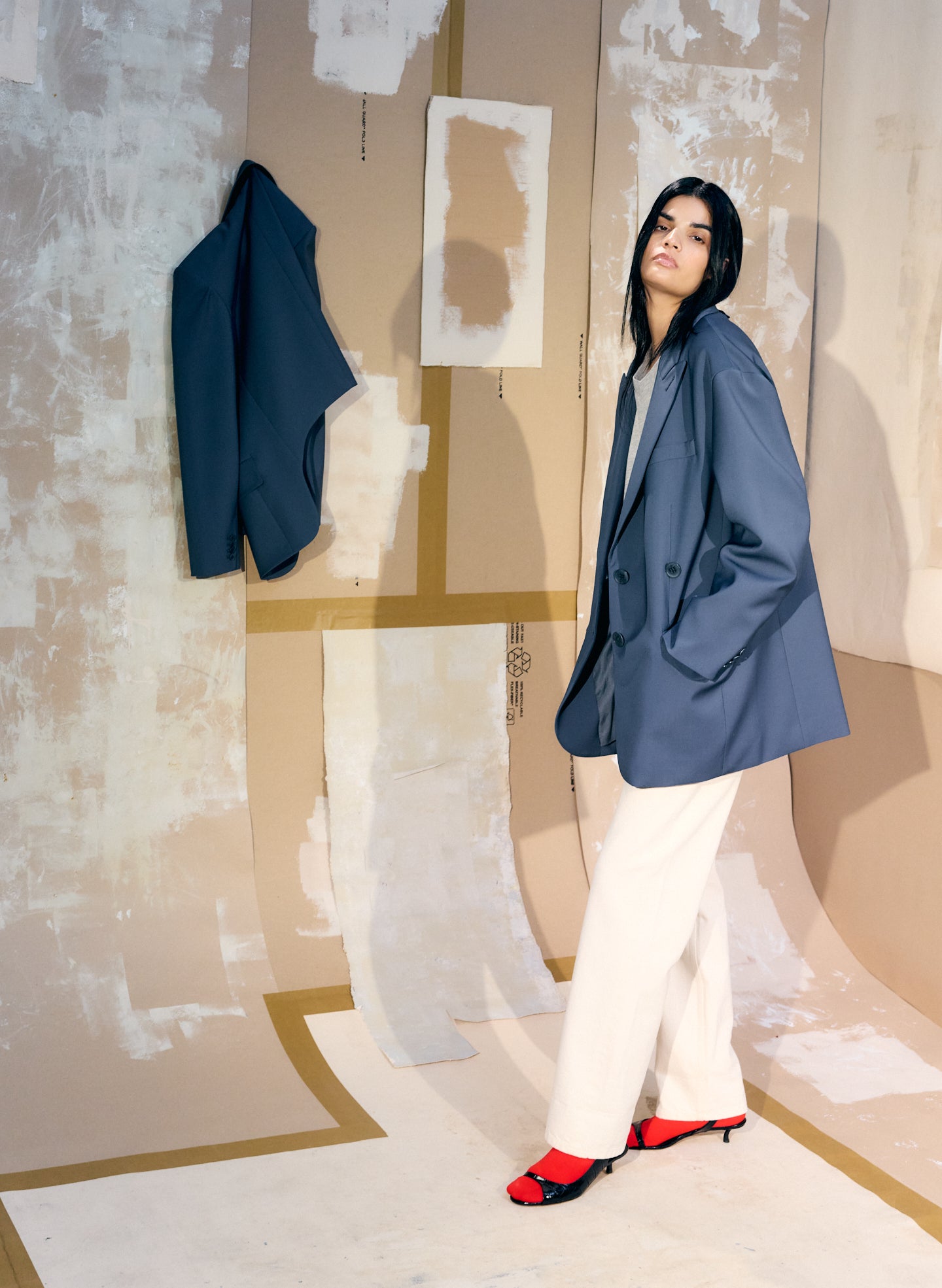 Blue Fog Tropical Wool Liam Blazer - oversized blazer, editorial image on model