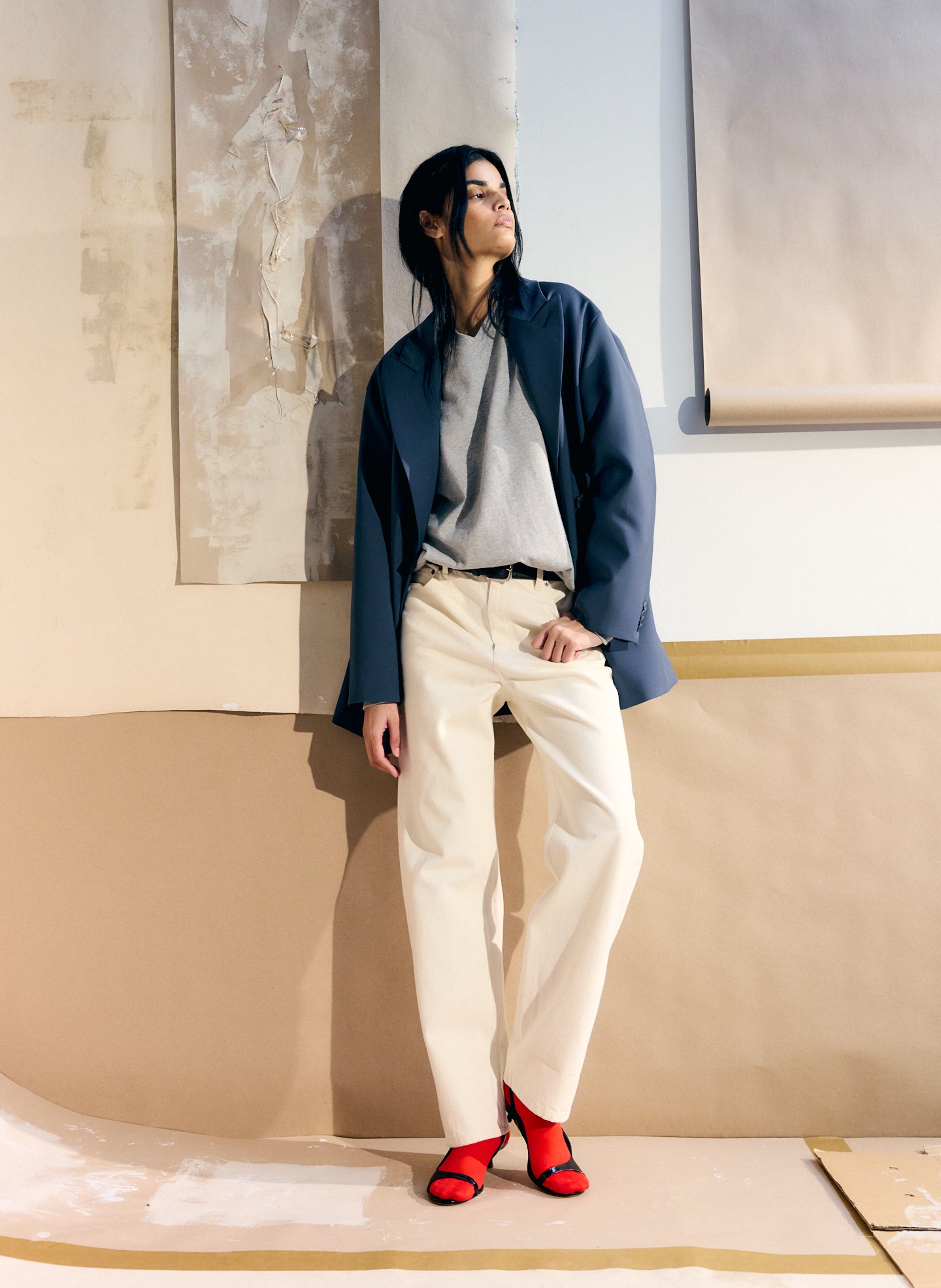 Natural Selvage Denim 5 Pocket Alec Jean - straight leg, editorial image on model