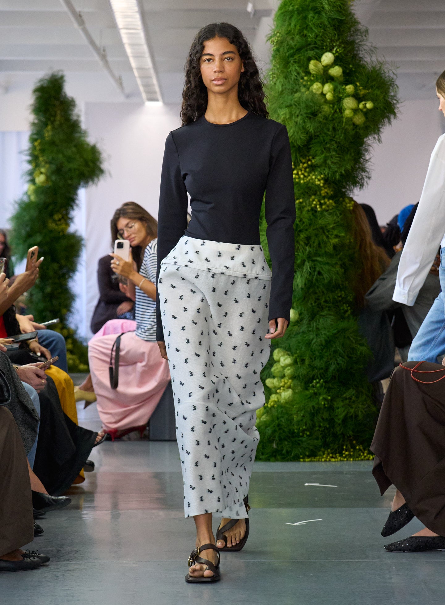 Ivory Silk Gazaar Jacquard Hoop Pencil Skirt - runway shot on model