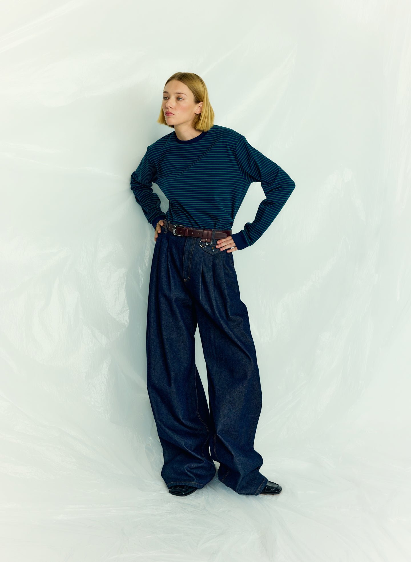 Indigo Denim Triple Pleat Jean - editorial campaign on model