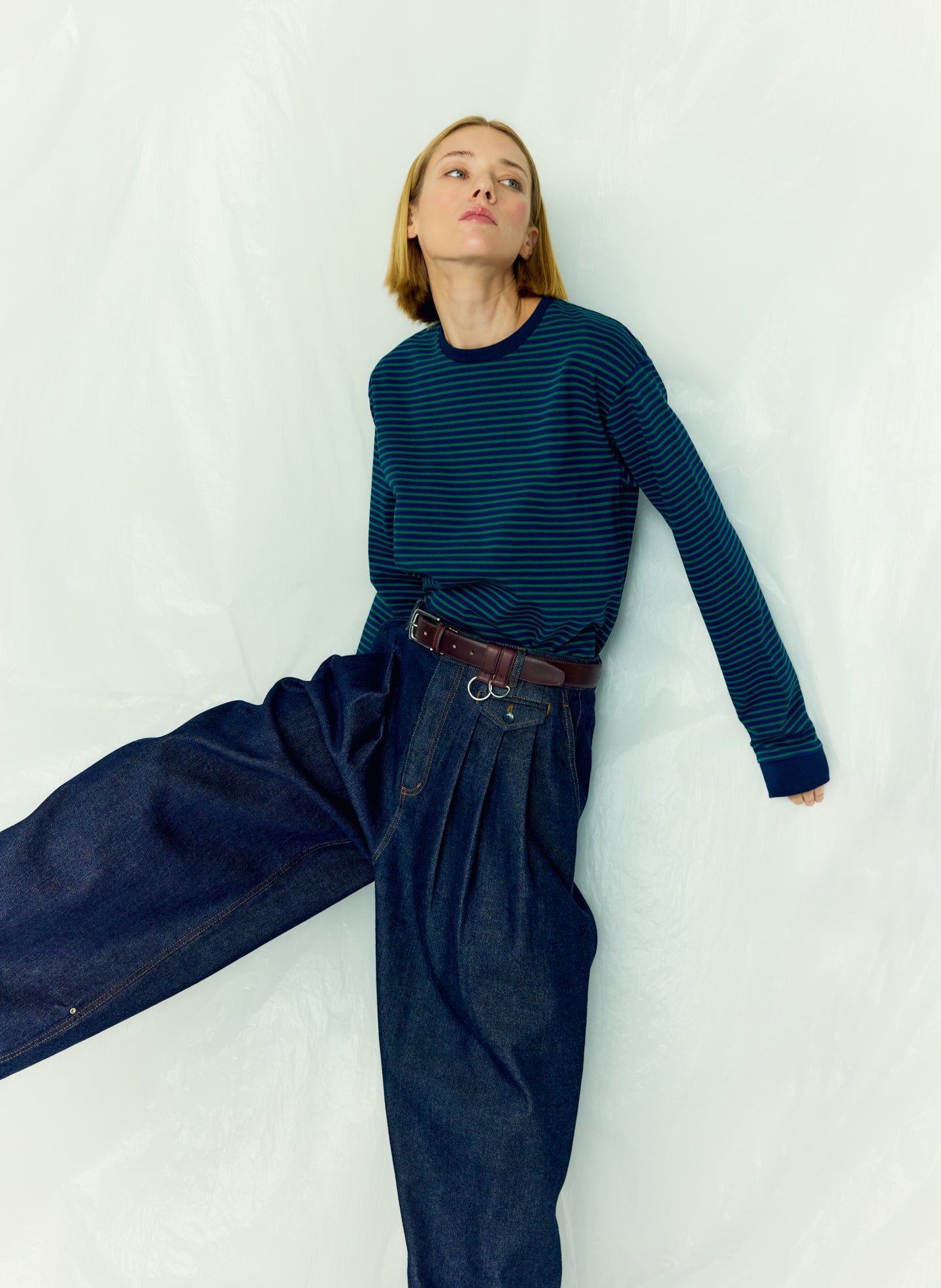 Navy and Green Striped Perfect Unisex Long Sleeve T-Shirt - editorial campaign on model