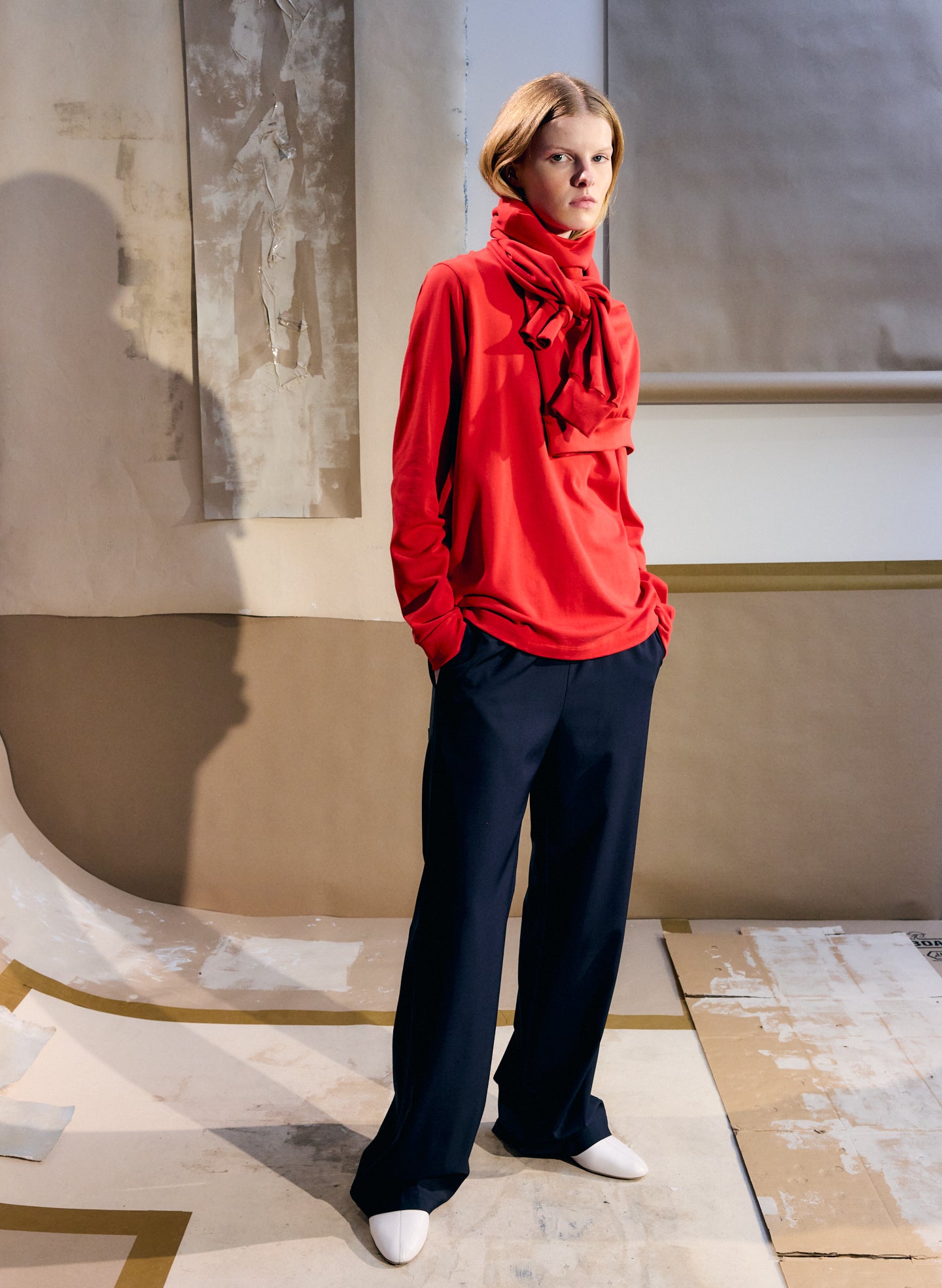 Red Perfect Unisex Long-Sleeve T-Shirt - editorial image on model