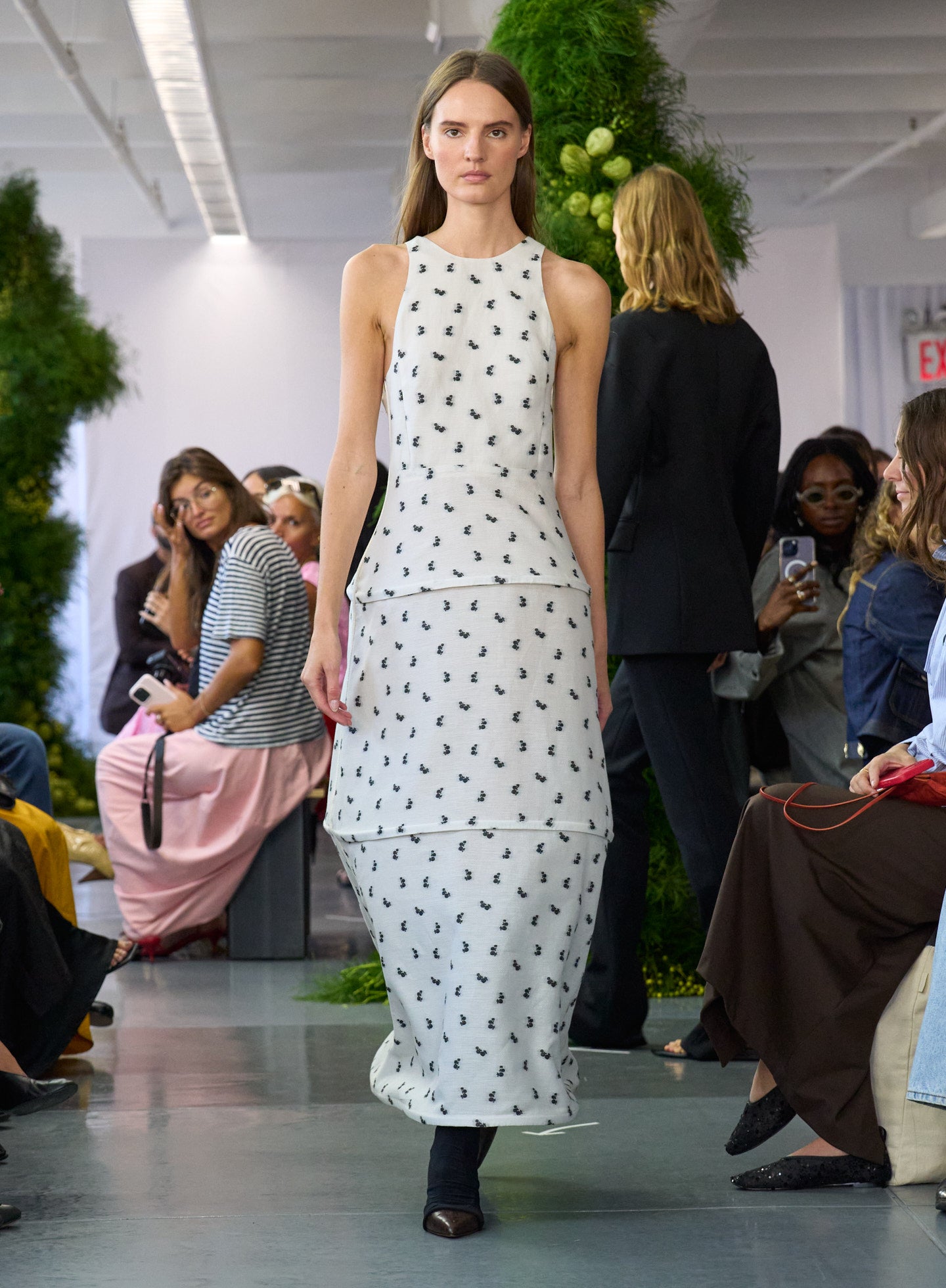 Ivory Silk Gazaar Jacquard Hoop Racerback Dress - runway shot on model