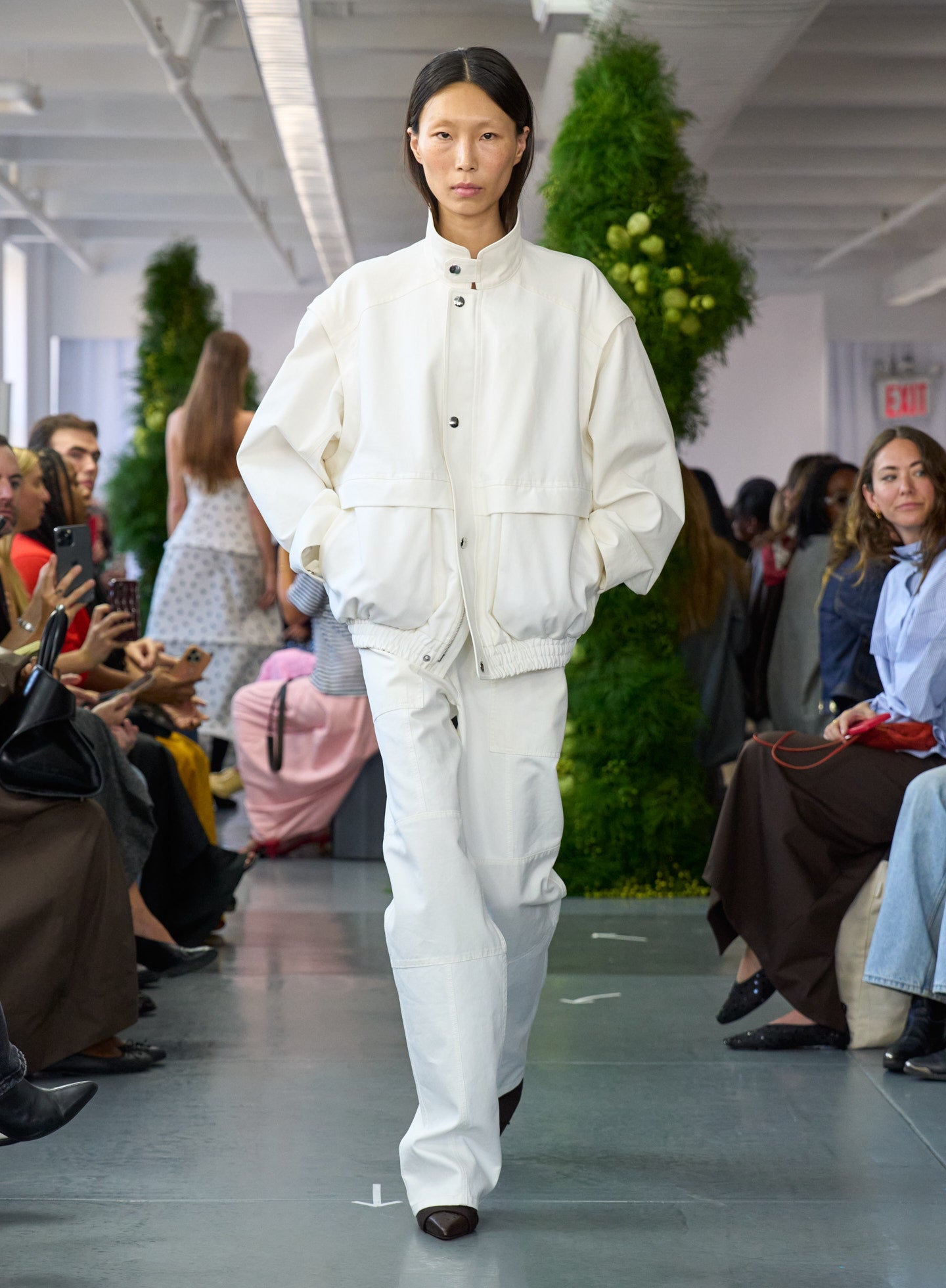 White Patchwork Twill Cargo Fischer Jean and Jacket - on runway