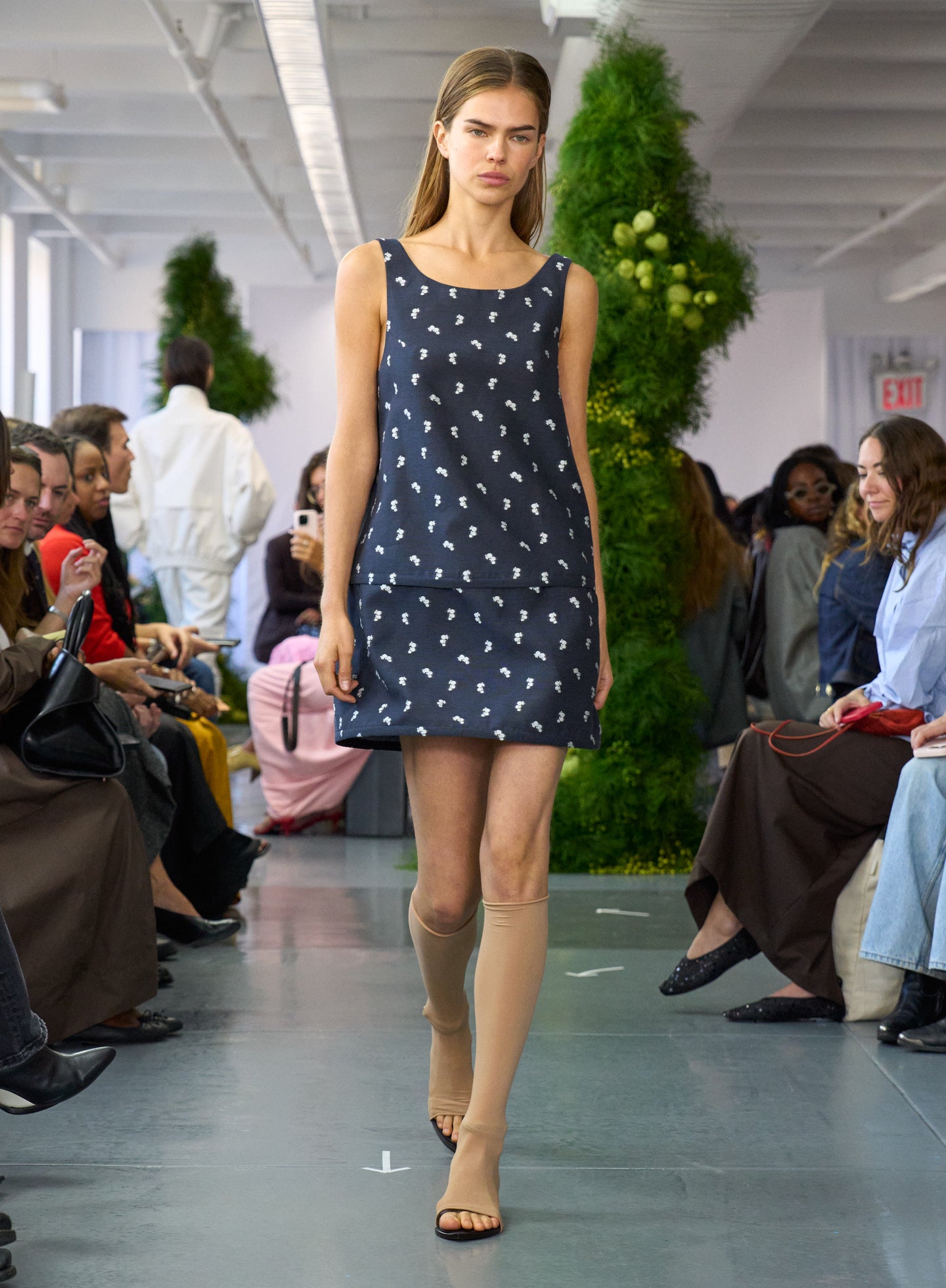 Navy Silk Gazaar Jacquard Hoop Sleeveless Dress - runway shot on model