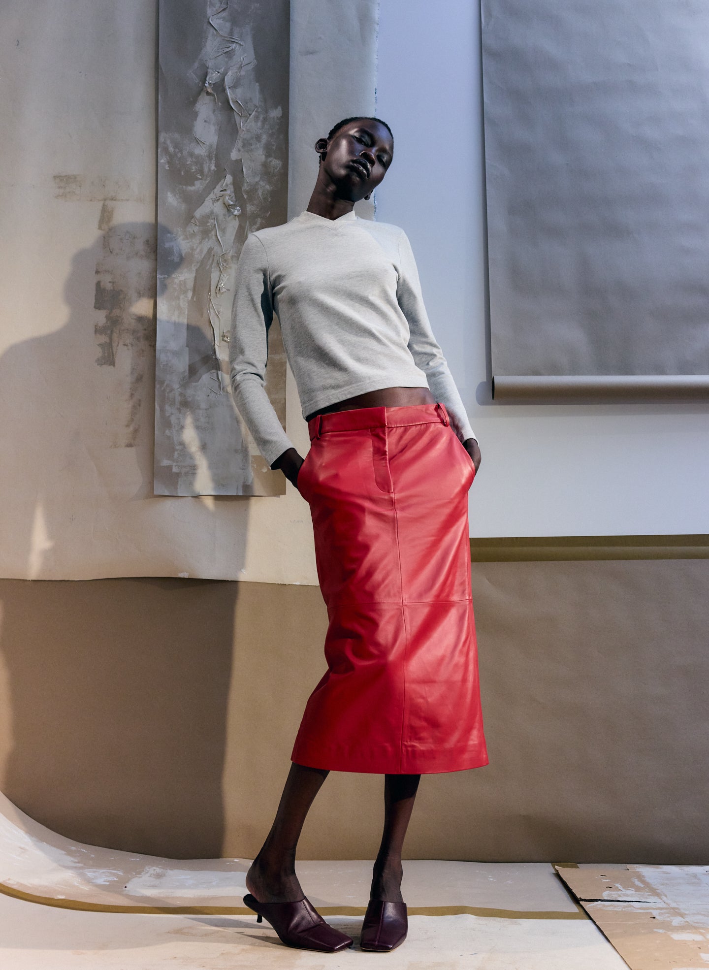 Red Leather Midi Trouser Skirt - editorial image on model