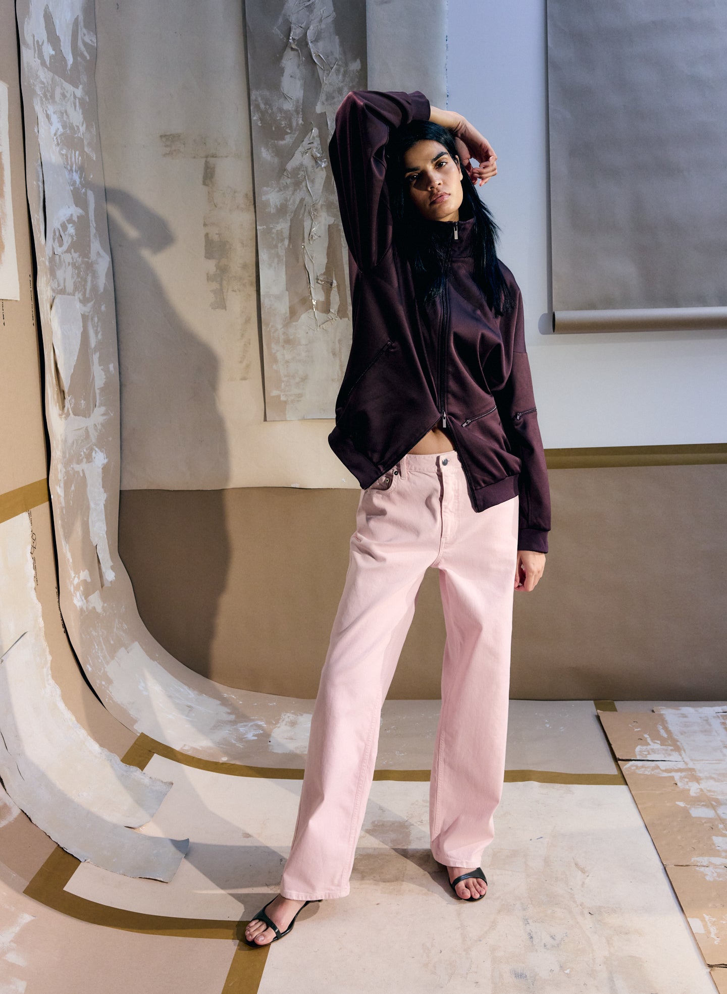 Light Pink Garment Wash Stretch Twill Slouchy Carpenter Jean, editorial image on model