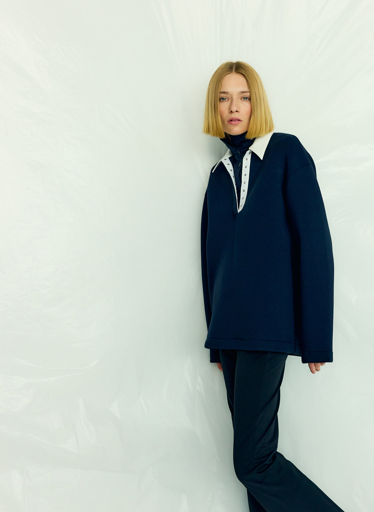 Dark Navy Bonded Viscose Sculpted Polo - editorial campaign on model