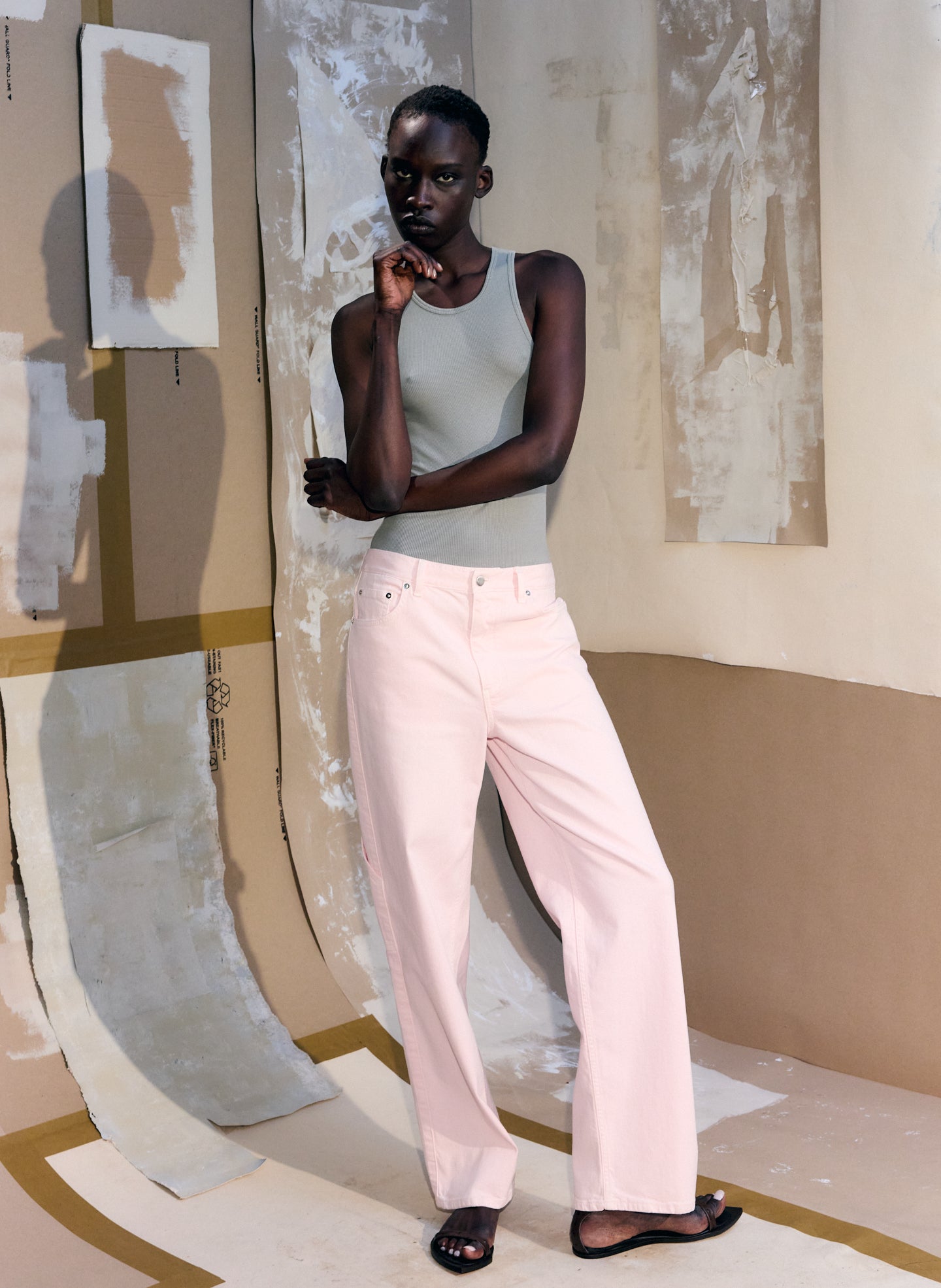 Light Pink Garment Wash Stretch Twill Slouchy Carpenter Jean, editorial image on model