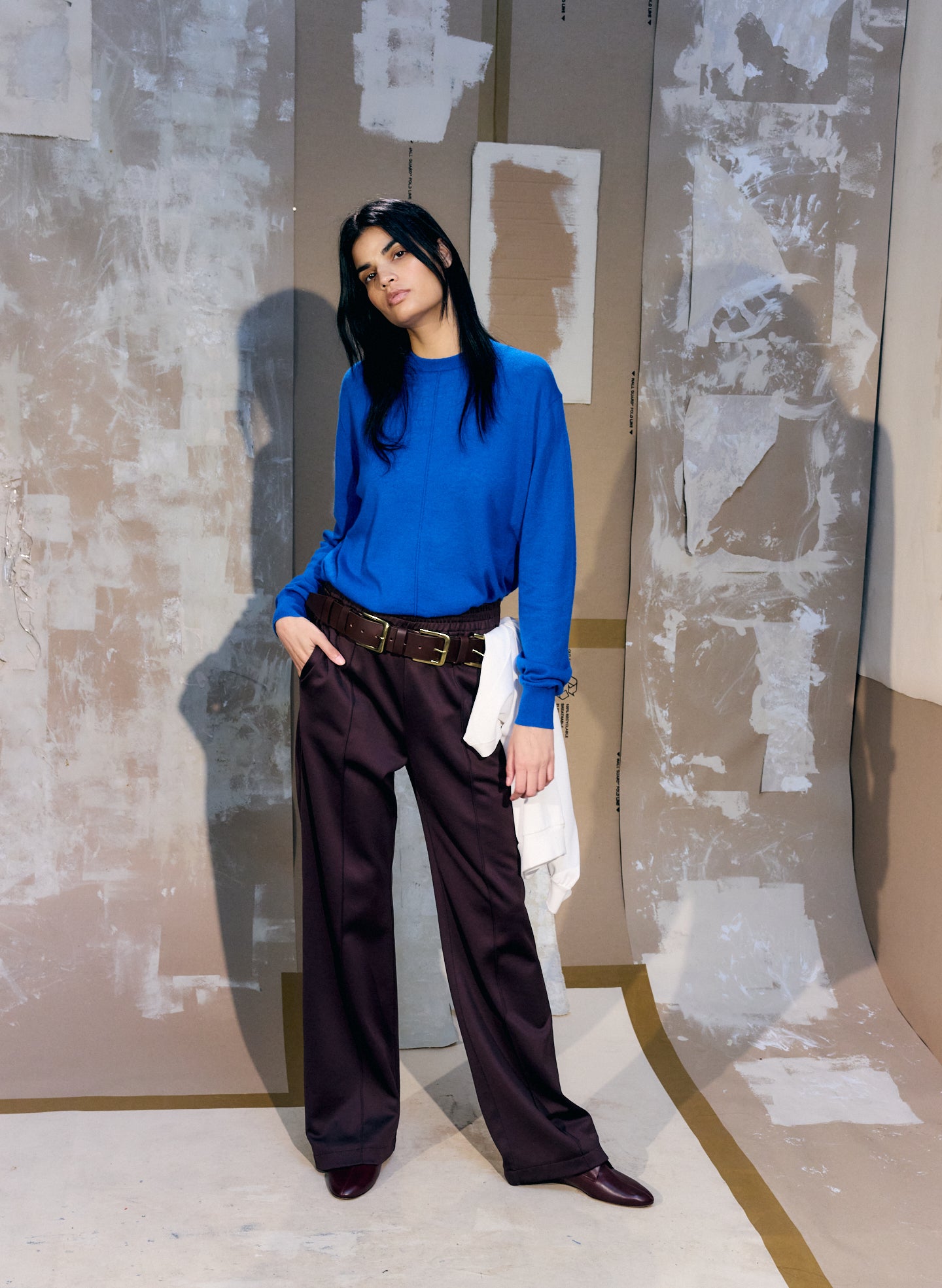 Bright Blue Skinlike Mercerized Wool Crewneck Pullover - sweater, front view on model