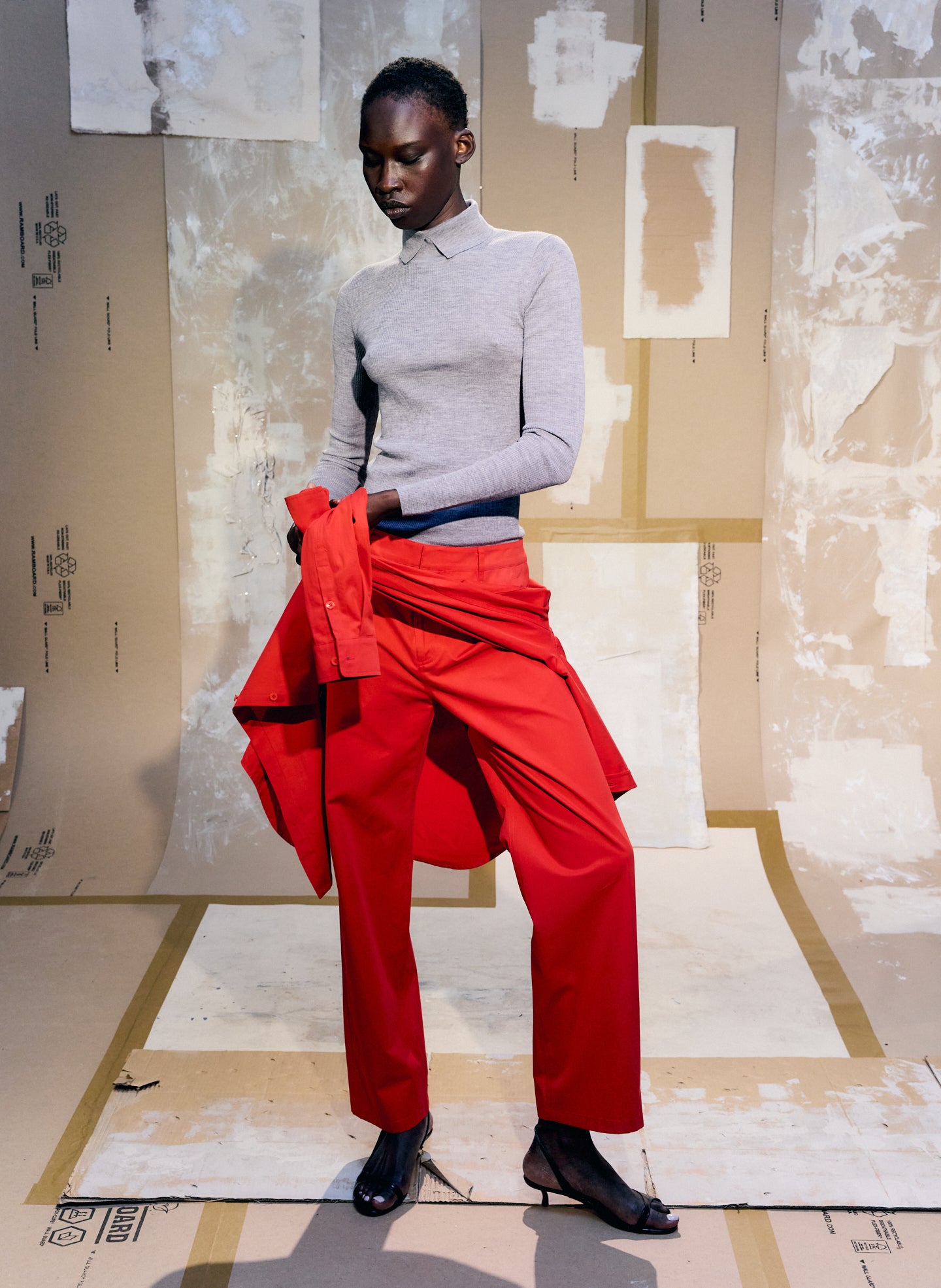 Red Bio Twill Alec Slouch Pant - straight leg trouser, editorial image on model