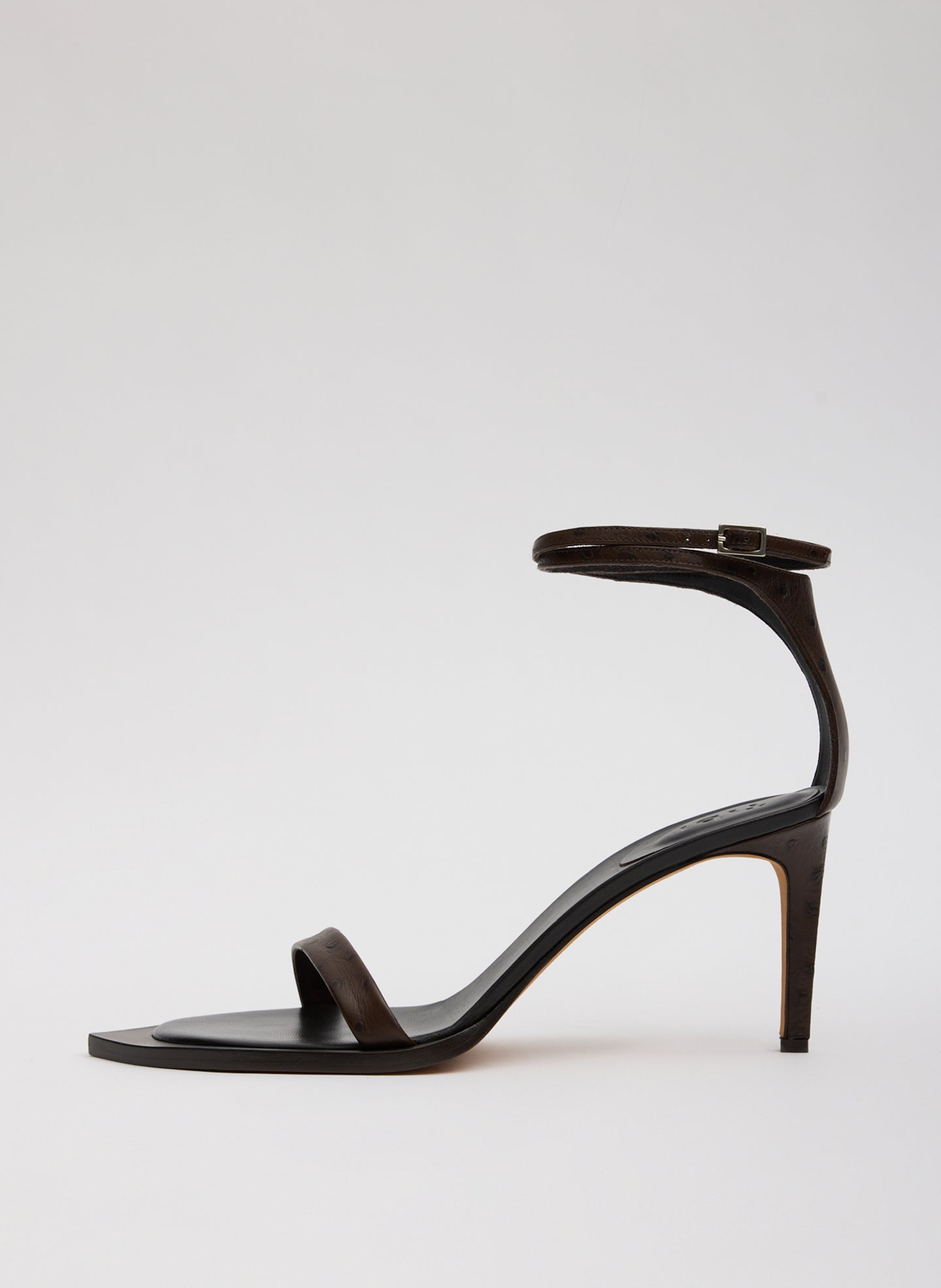 Ostrich Print Erno Heel - Dark Brown Ostrich Print Leather Erno Heeled Sandal - side view