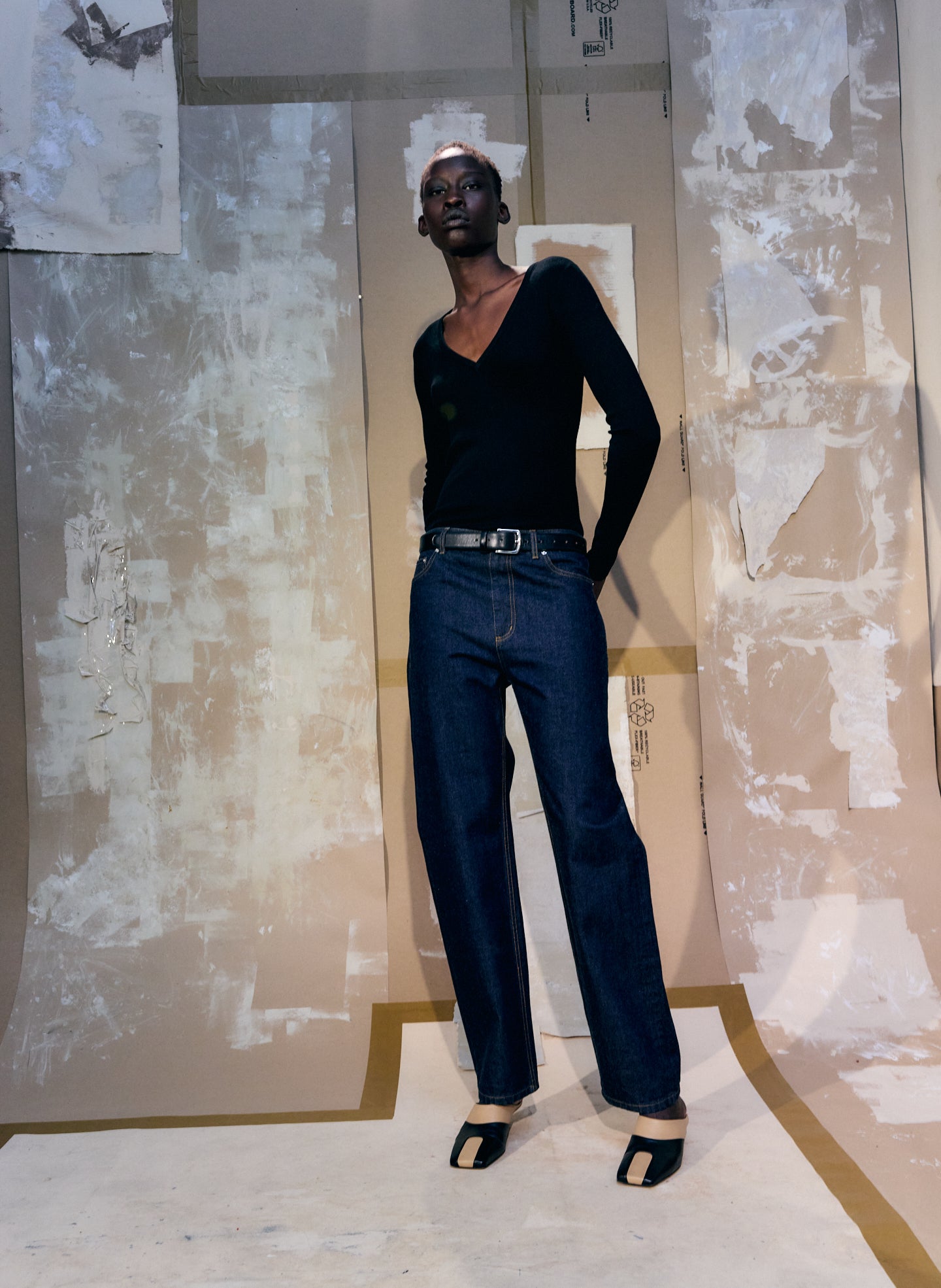 Dark Denim Selvage Denim 5 Pocket Alec Jean - straight leg, editorial image on model