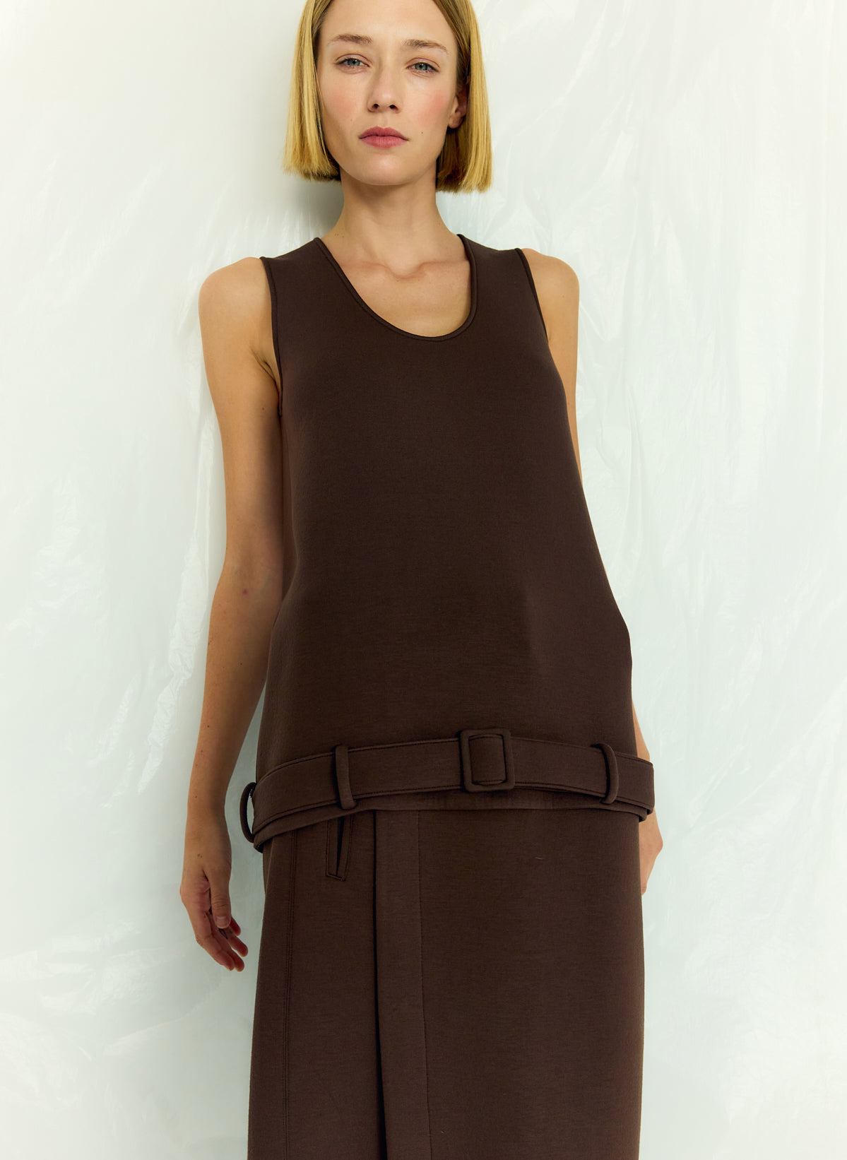 Brown Bonded Viscose Tank Top - editorial campaign on model