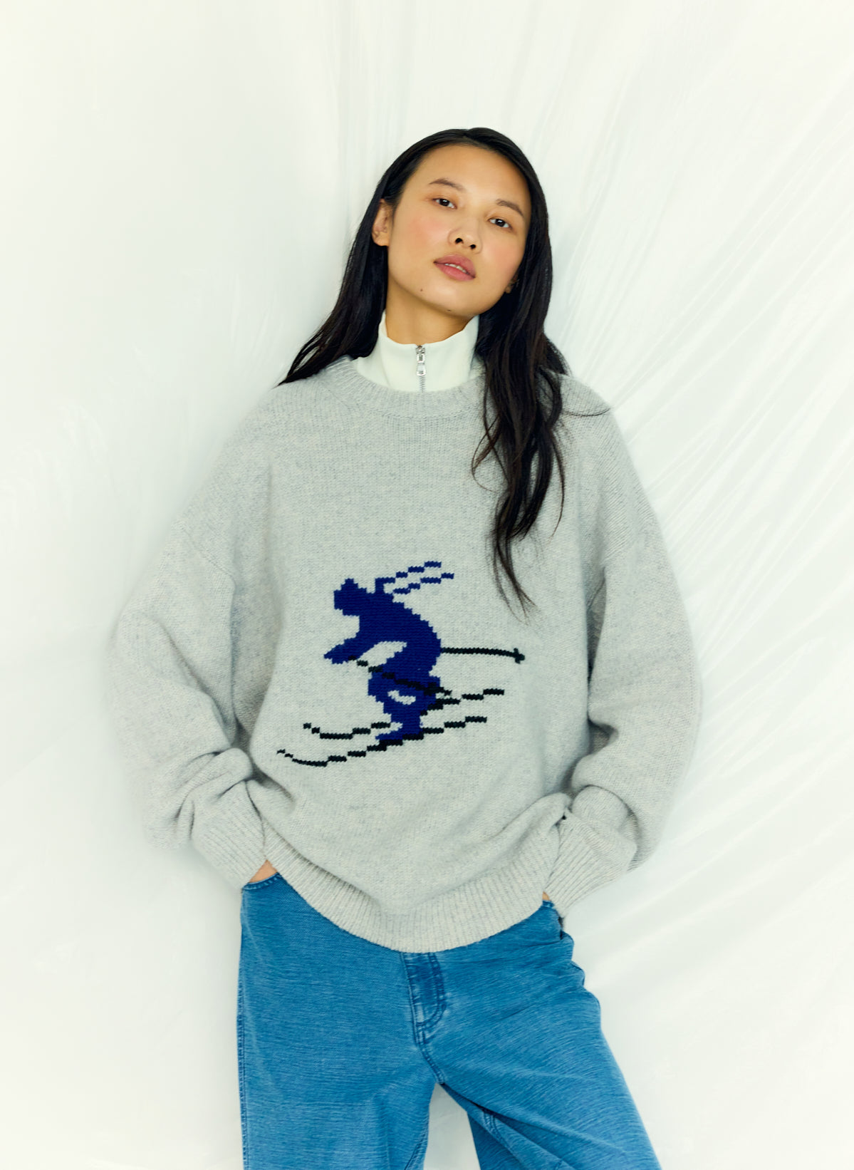 Heather Grey Multi Soft Wool Ski Easy Pullover Crewneck Sweater - editorial campaign on model