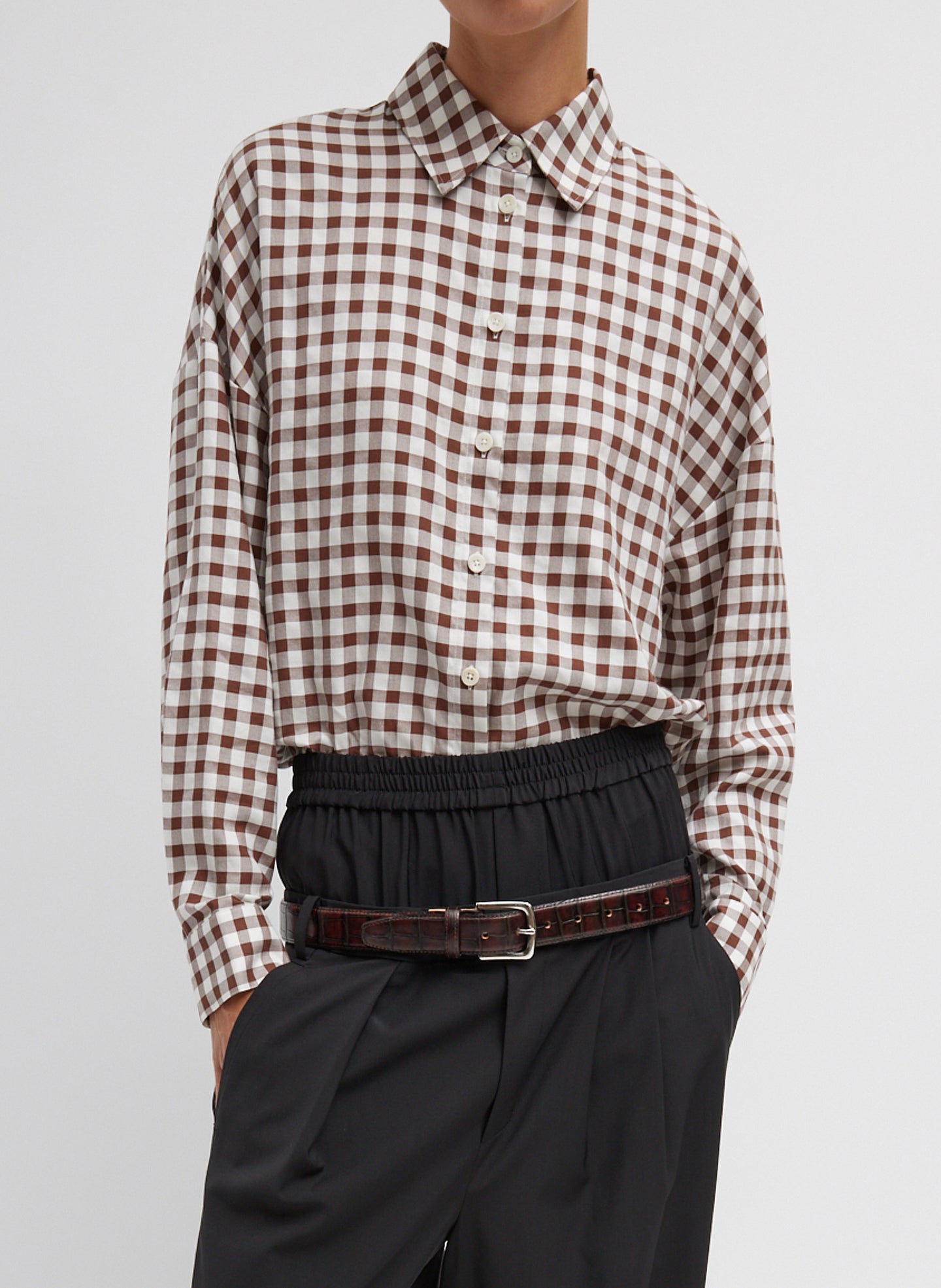 Gingham Drape Oversized Shirt - Brown Multi-1