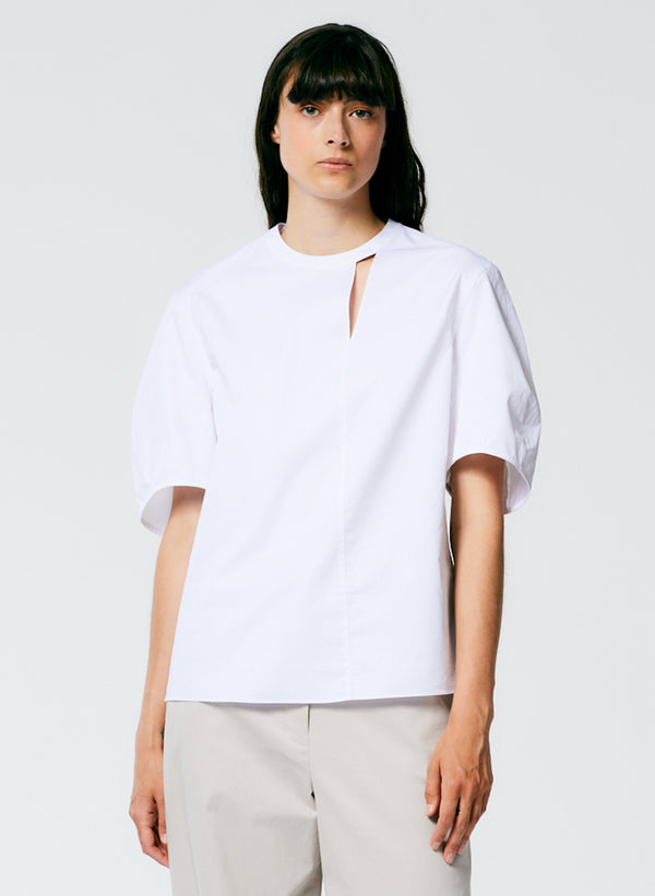 Eco Poplin Sculpted Sleeve Top With Cut Out Detail - White-1