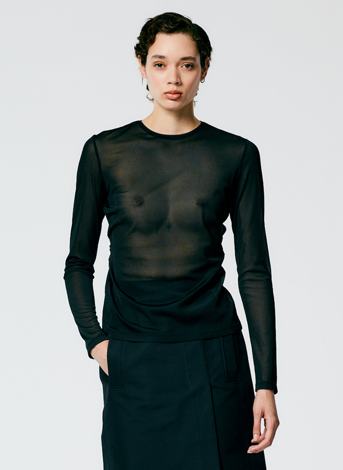 Sheer Gauze Long Sleeve Top With Pintuck Detail - Black-1