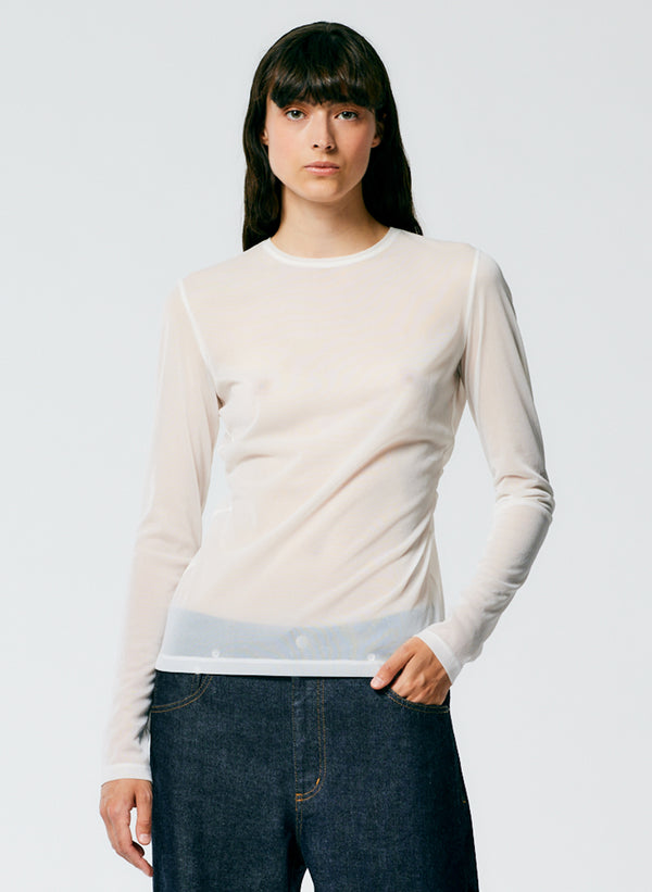 Sheer Gauze Long Sleeve Top With Pintuck Detail - White-1