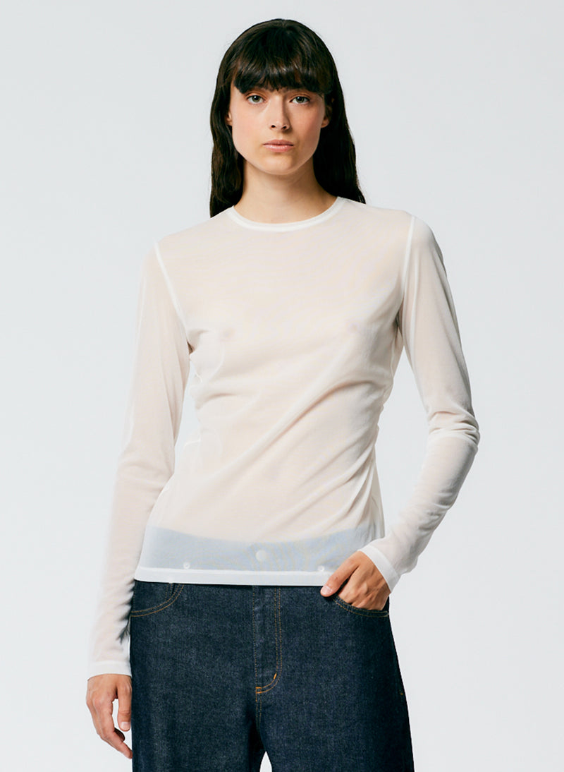 Sheer Gauze Long Sleeve Top With Pintuck Detail White-1