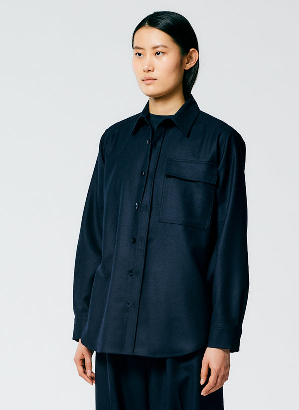 Superfine Wool Flannel Shirt With Inseam Vent - Navy-2