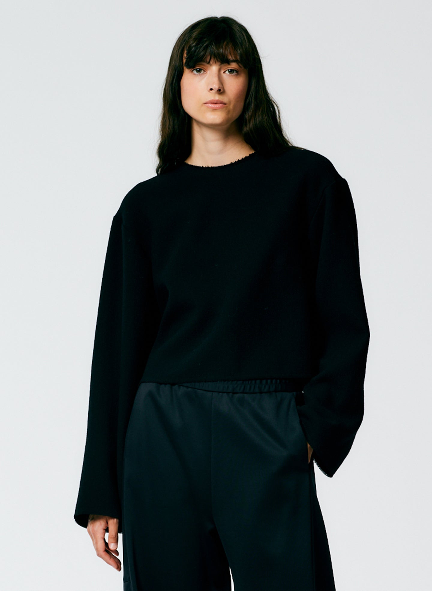 Melee Crepe Long Sleeve Cropped Top - Black-1