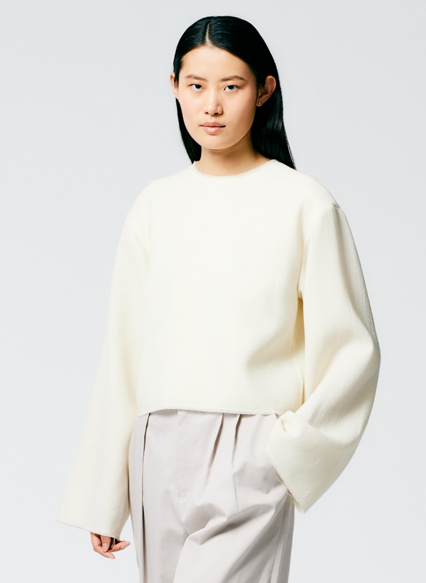 Melee Crepe Long Sleeve Cropped Top - Ivory-1