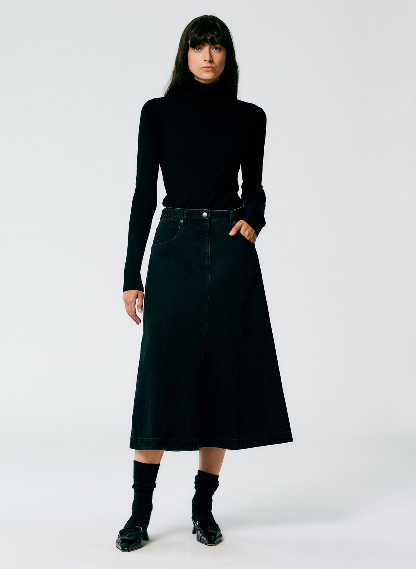 Black Denim Midi A-Line Skirt - Black-1