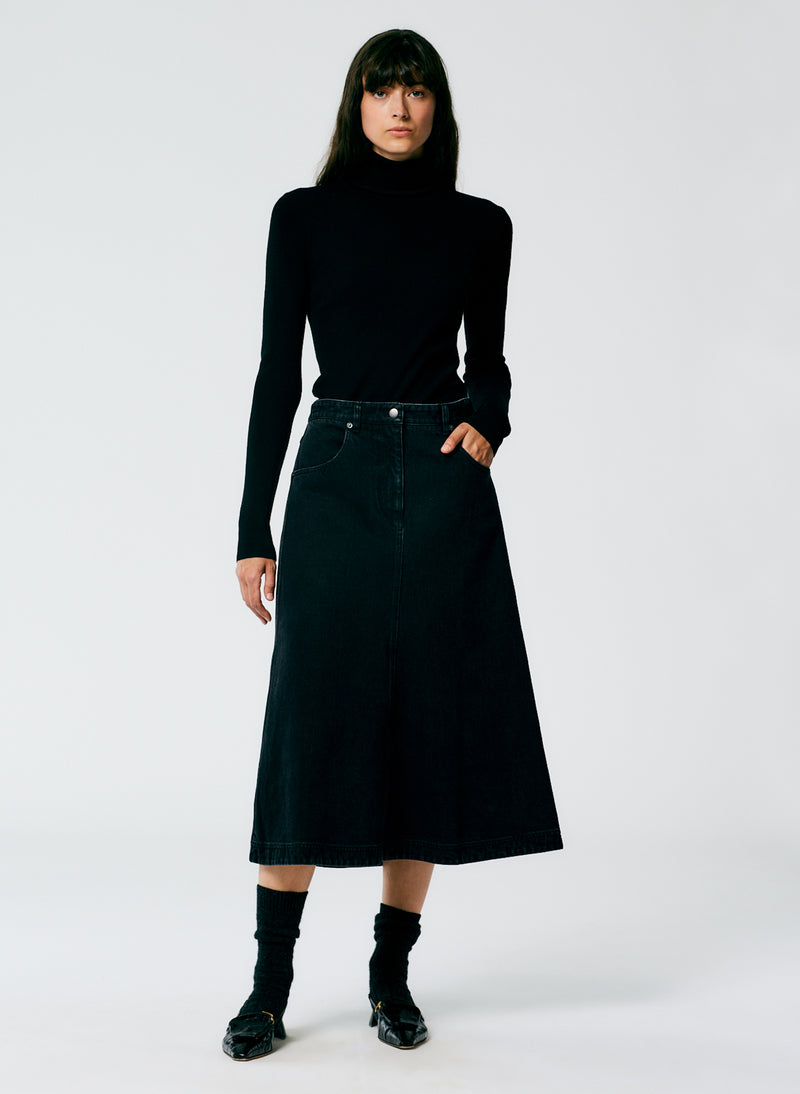 티비 Tibi Black Denim Midi A-Line Skirt