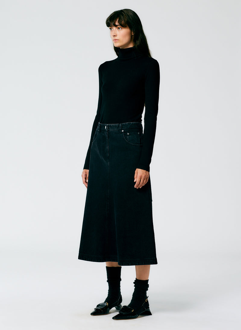 Black Denim Midi A-Line Skirt Black-3
