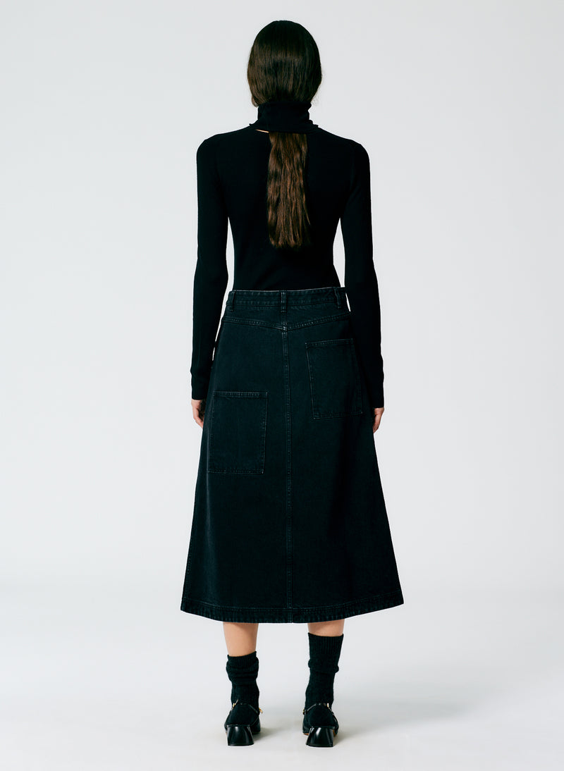 Black Denim Midi A-Line Skirt Black-4