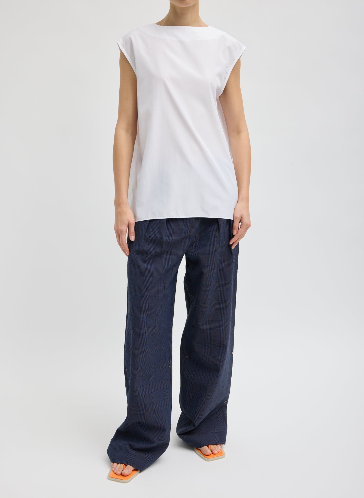 White Summer Nylon Sleeveless Cocoon Top - full look, front view on model