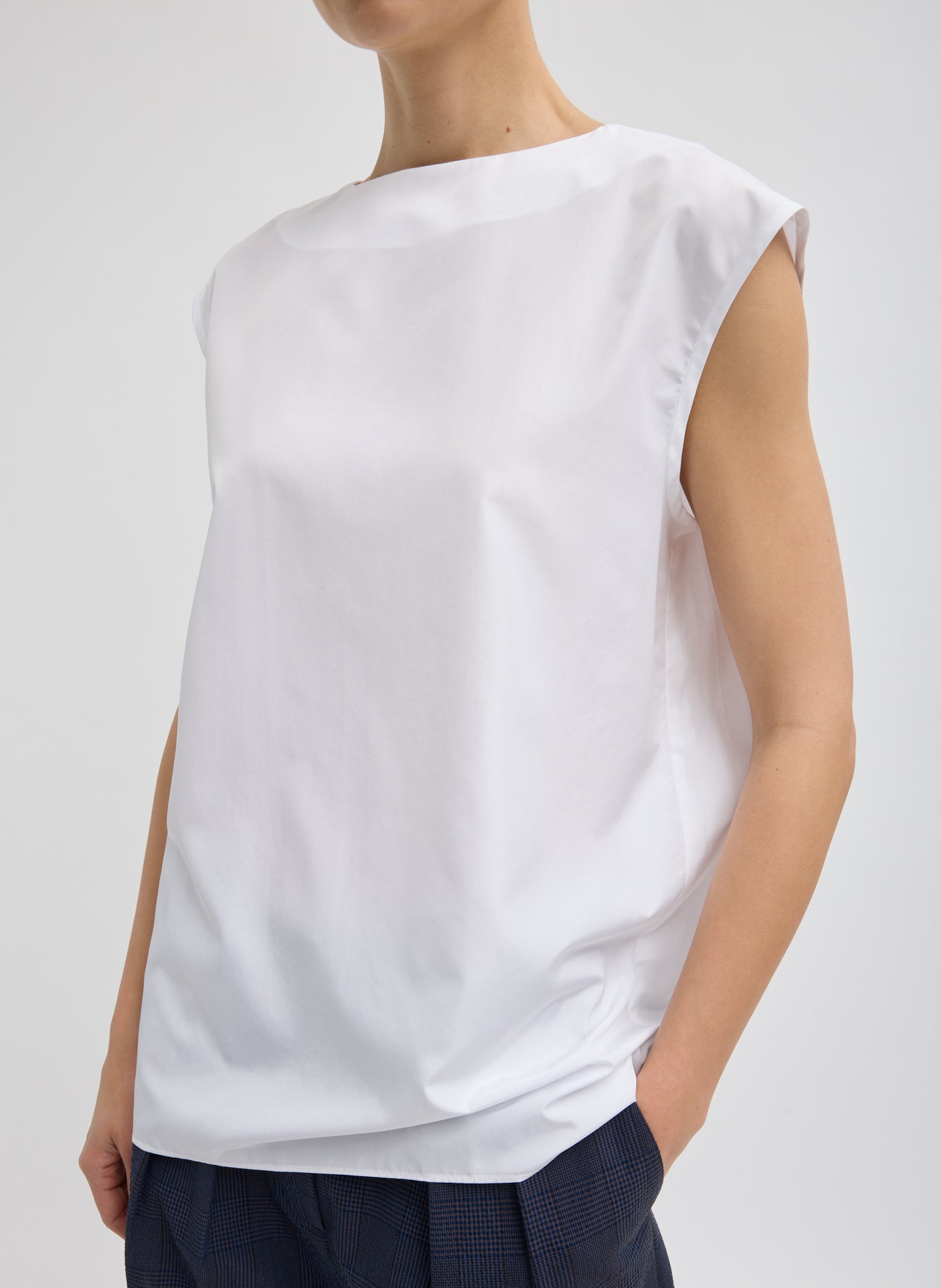 Summer Nylon Sleeveless Cocoon Top - White Summer Nylon Sleeveless Cocoon Top - front view on model