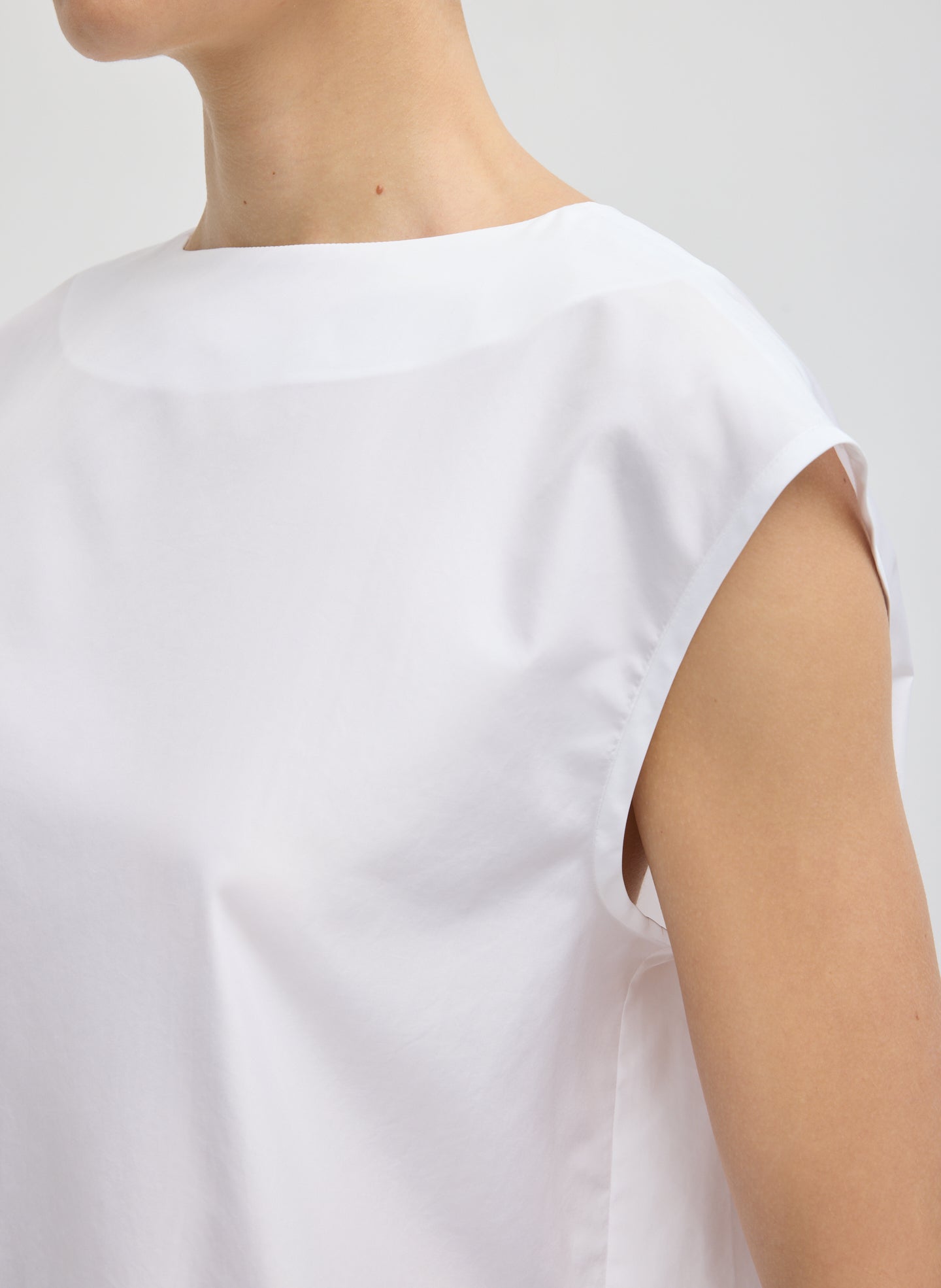White Summer Nylon Sleeveless Cocoon Top - closeup of neckline