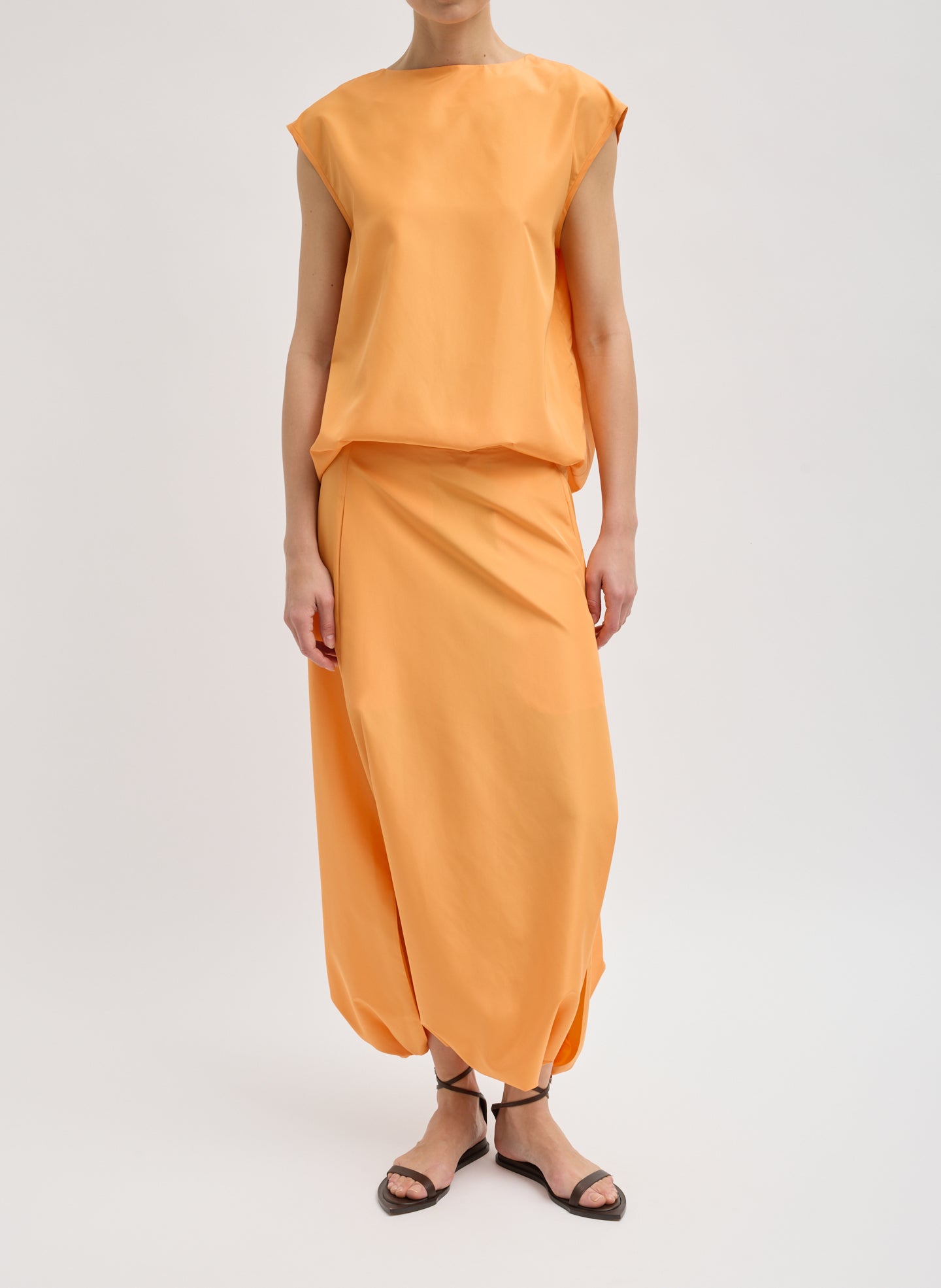 Orange Summer Nylon Sleeveless Cocoon Top - full look, front view on model